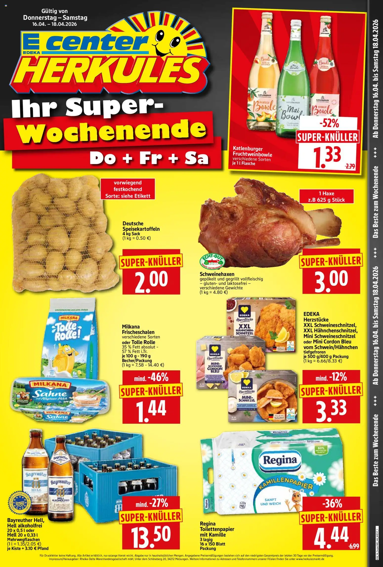 Vorschau von dem Prospekt des Geschäftes HERKULES, gültig ab dem 16.04.2026 - Schnitzel, Toilettenpapier, Fleisch, Mais, Sahne, Milkana, Hahnchen