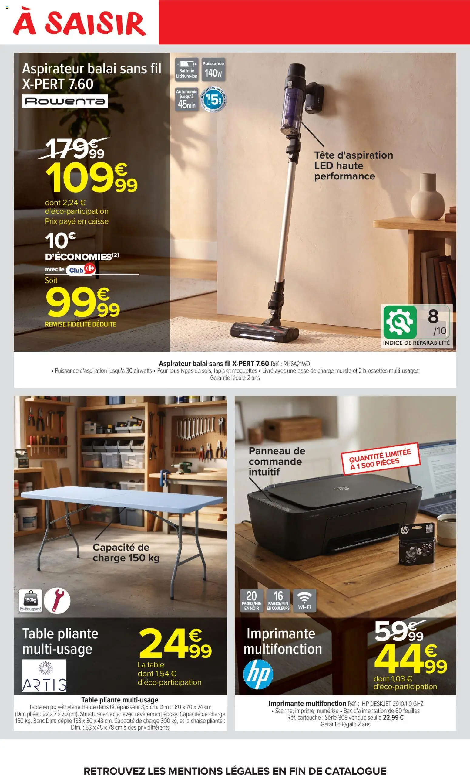 Prévisualisation de Carrefour Market catalogue du magasin Carrefour Market formulaire valide 27/10/2026 - Aspirateur, Table pliante, Aspirateur balai sans fil, Poids, Cartouche, Base, Imprimante multifonction, La chaise pliante