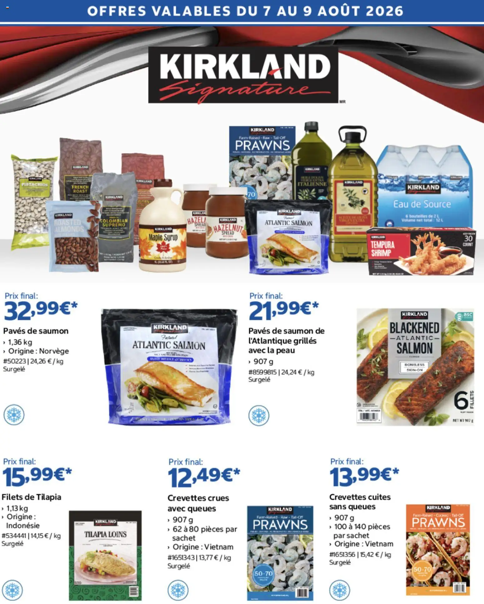 Prévisualisation de Costco Kirkland signature du magasin Costco formulaire valide 07/08/2026 - Saumon, Tilapia, Crevettes, Fairy, Eau de source, Crevettes crues