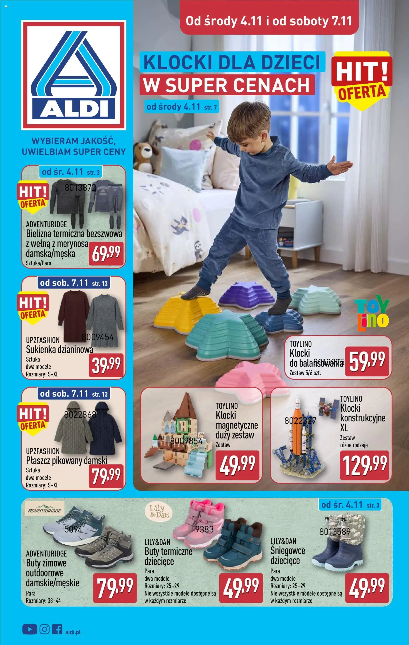 Pogląd gazetki "Aldi gazetka - Artykuły przemysłowe i tekstylia" ze sklepu Aldi ważnej od 04.11.2026 - Buty, Sukienka, Buty zimowe, Śniegowce, Bielizna, Płaszcz, Klocki konstrukcyjne, Buty zimowe dziecięce