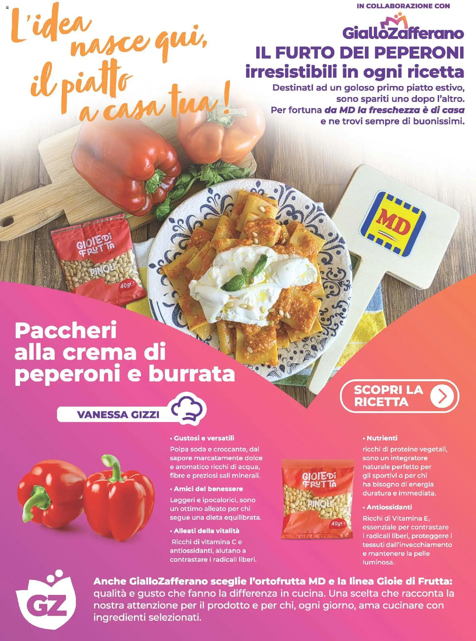 Anteprima dell'opuscolo MD Discount volantino dal negozio MD Discount valido da 08/09/2026 - Crema, Paccheri, Frutta, Piatto, Burrata, Peperoni, Ingredienti