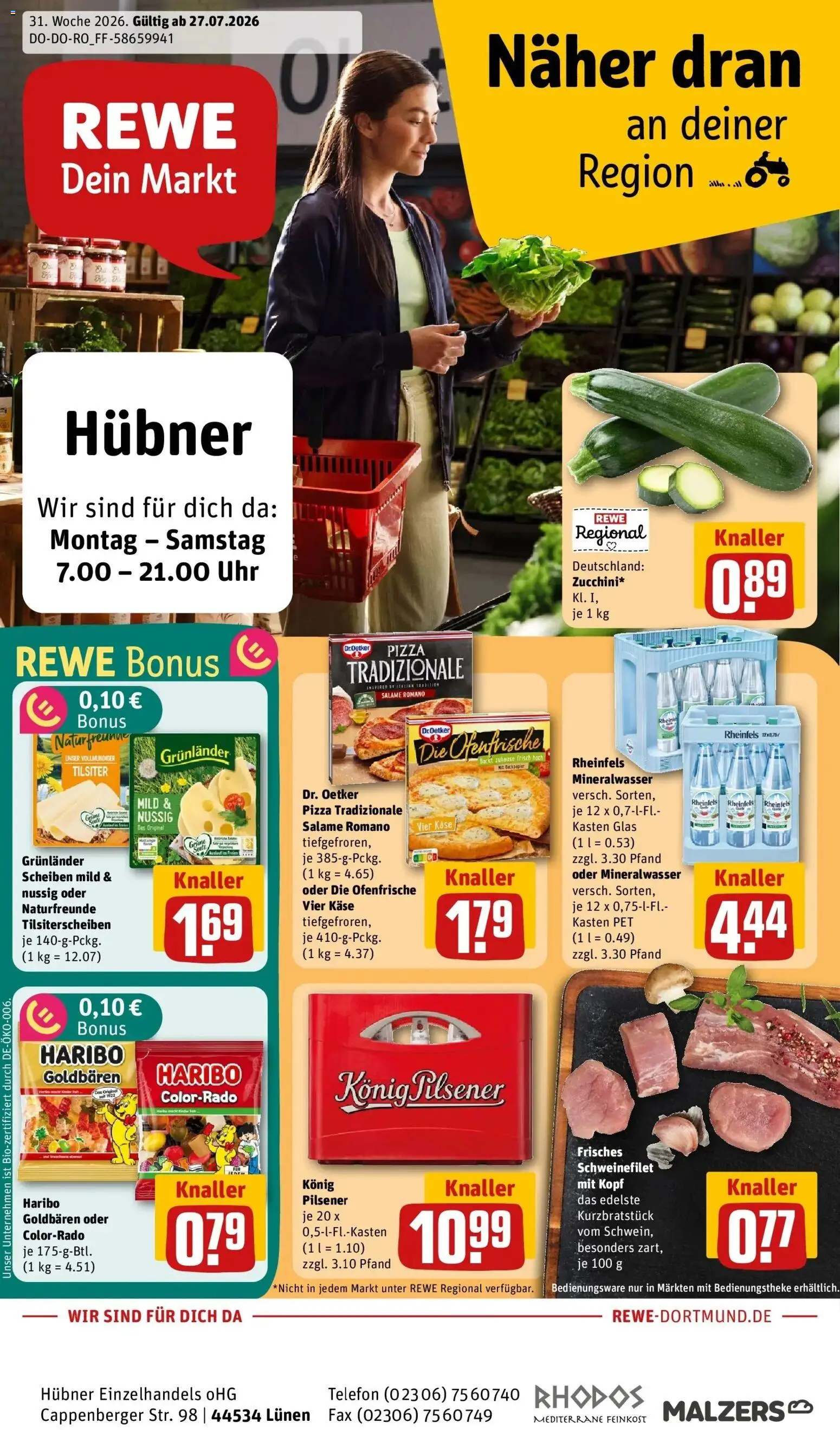 Vorschau von dem Prospekt des Geschäftes Rewe, gültig ab dem 27.07.2026 - Pizza, Uhr, Telefon, Käse, Mineralwasser, Schweinefilet, Ofenfrische, Grunlander