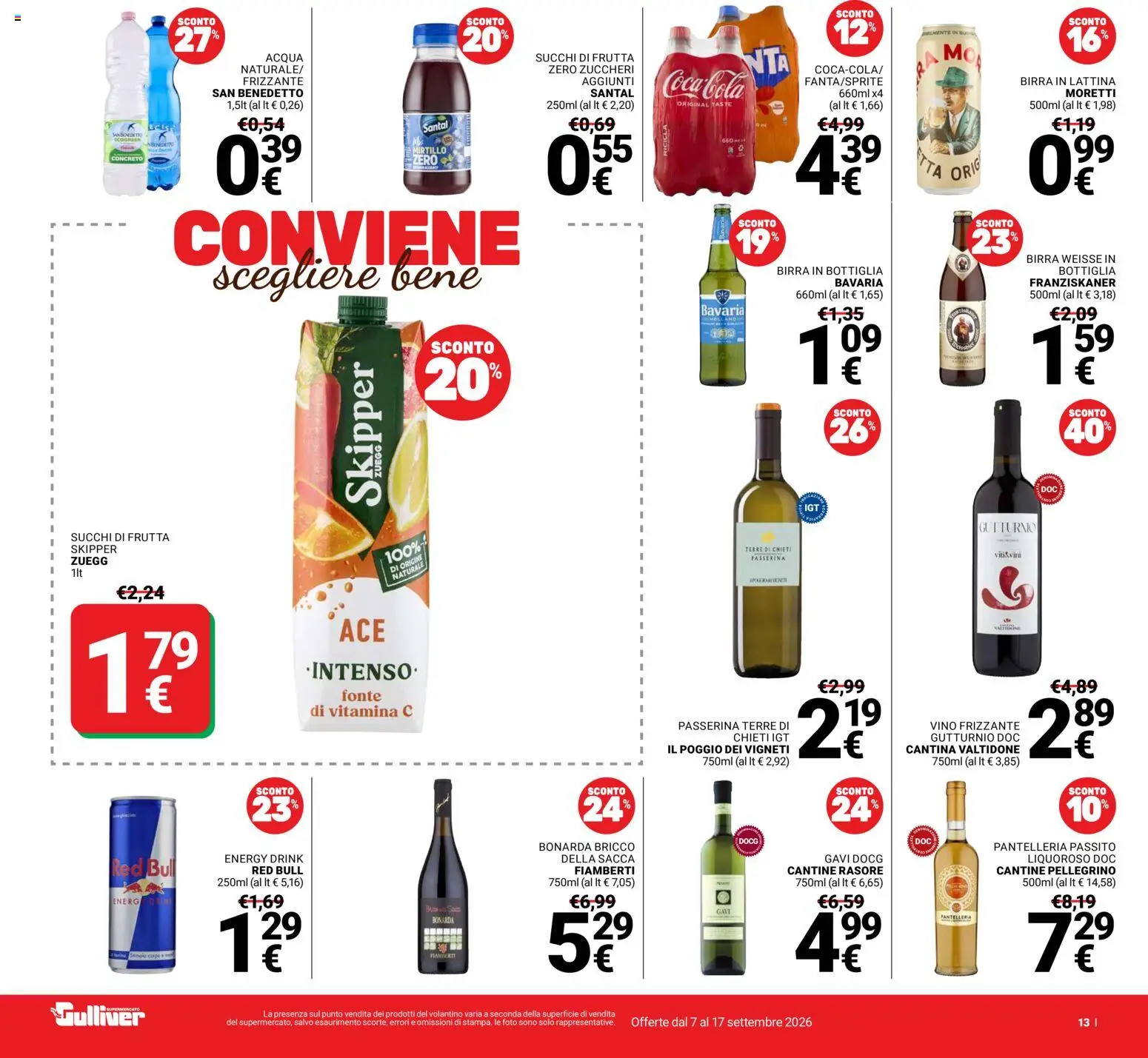 Anteprima dell'opuscolo Gulliver volantino dal negozio Gulliver valido da 07/09/2026 - Acqua, Vino, Coca Cola, Birra, Red Bull, Frutta, Bottiglia, Birra in bottiglia