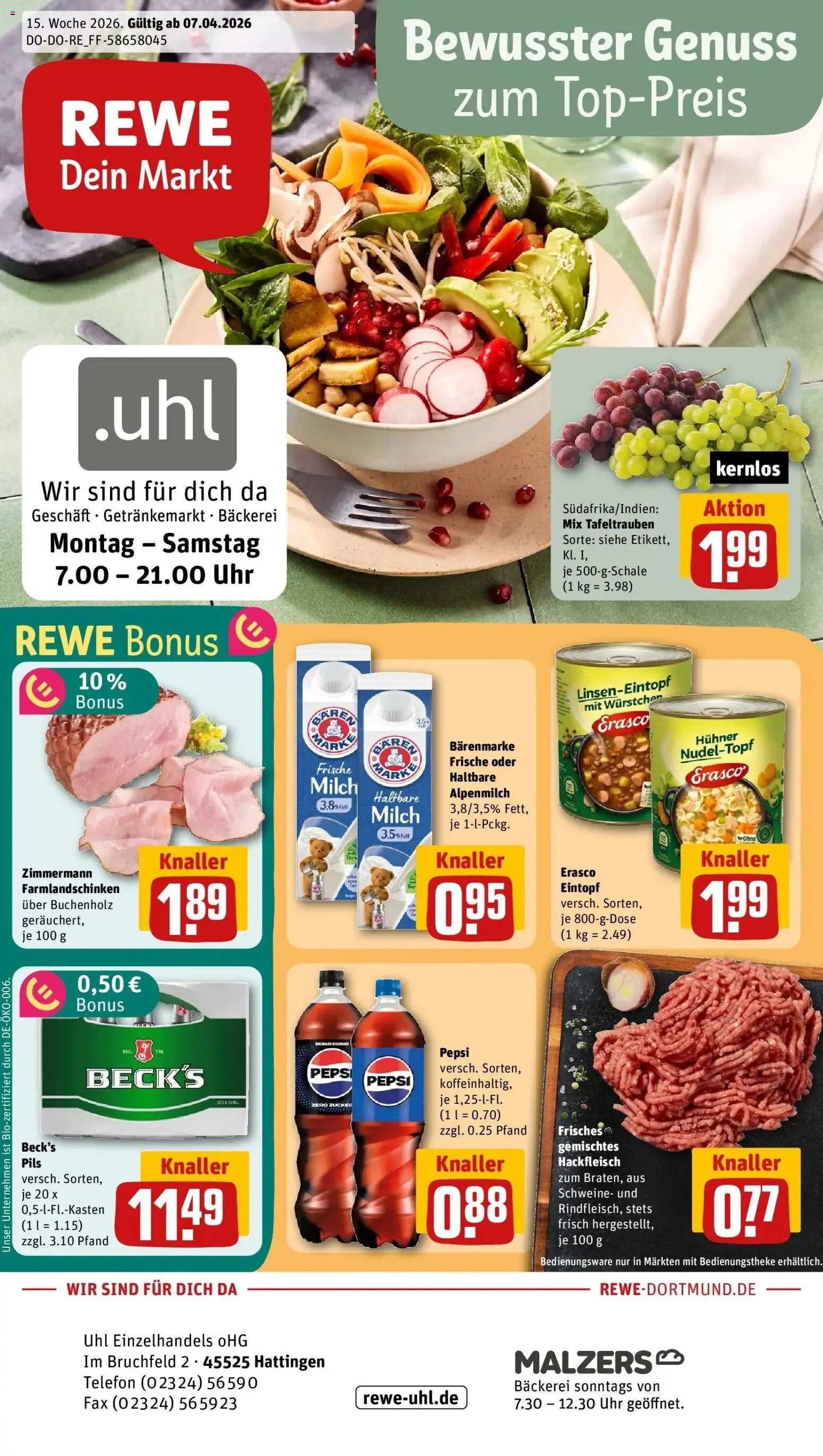 Vorschau von dem Prospekt des Geschäftes Rewe, gültig ab dem 05.04.2026 - Bäckerei, Uhr, Telefon, Milch, Hackfleisch, Zucker, Pils, Erasco