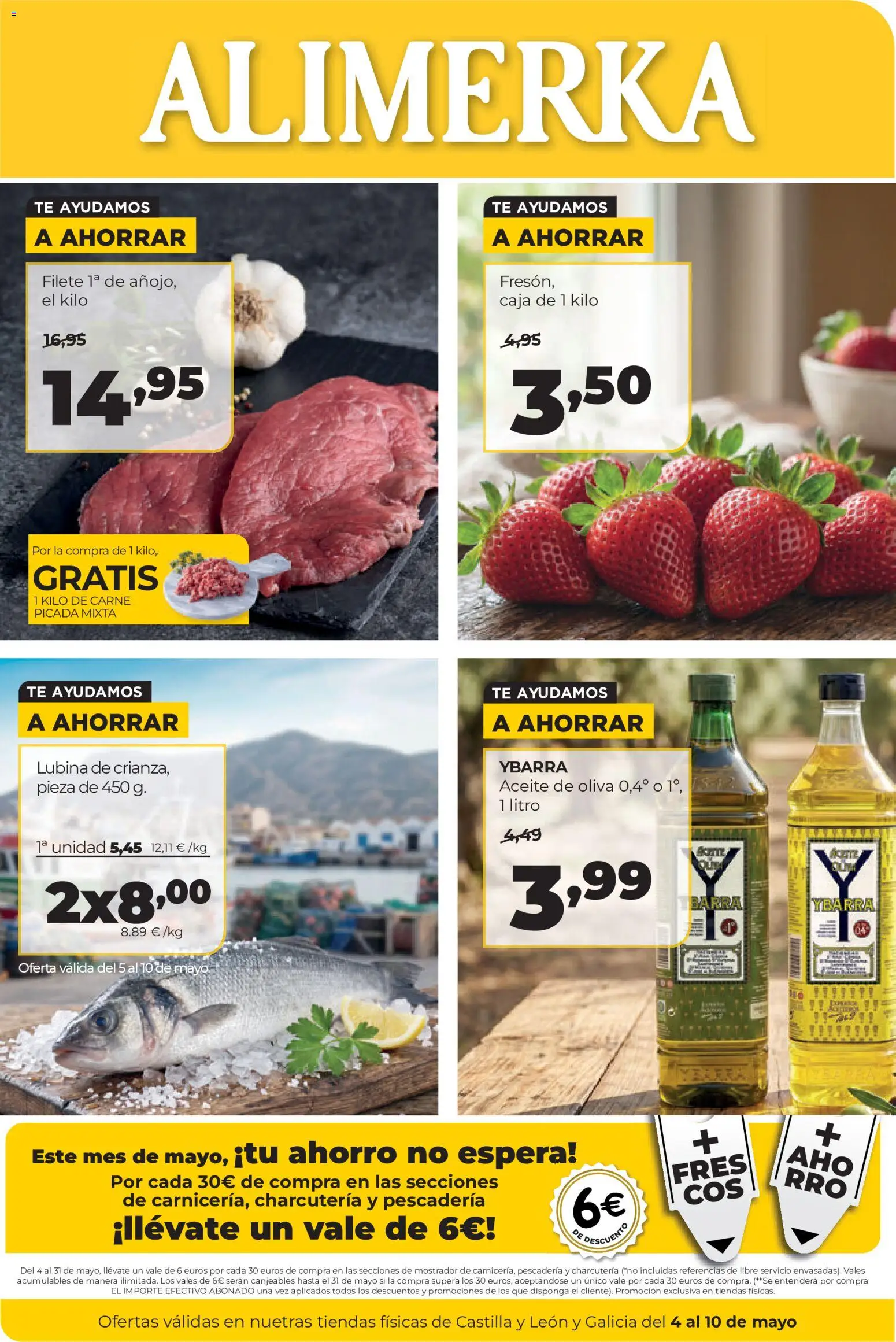 Vista previa del folleto de la tienda Alimerka válido desde el 04/05/2026 - Aceite de oliva, Té, Aceite, Carne, Caja, Carne picada, Filete, Carne picada mixta