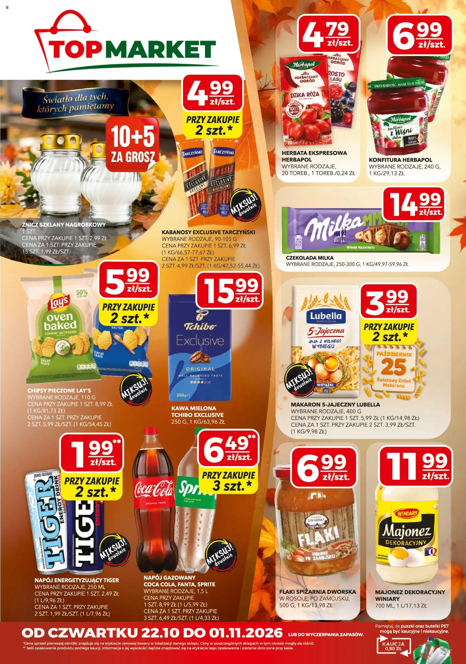 Pogląd gazetki "Top Market gazetka mini" ze sklepu Top Market ważnej od 22.10.2026 - Top, Chipsy, Flaki, Milka, Majonez, Sprite, Kabanosy, Jaja