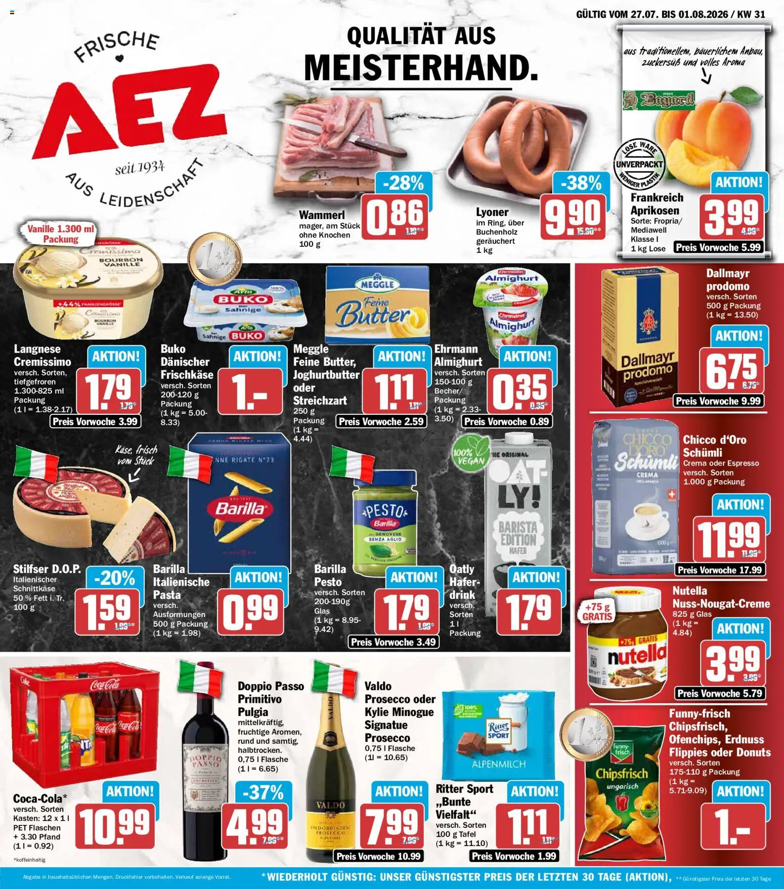 Vorschau von dem Prospekt des Geschäftes AEZ, gültig ab dem 27.07.2026 - Pasta, Nutella, Donuts, Ritter sport, Dallmayr, Oatly, Barilla pesto, Doppio Passo
