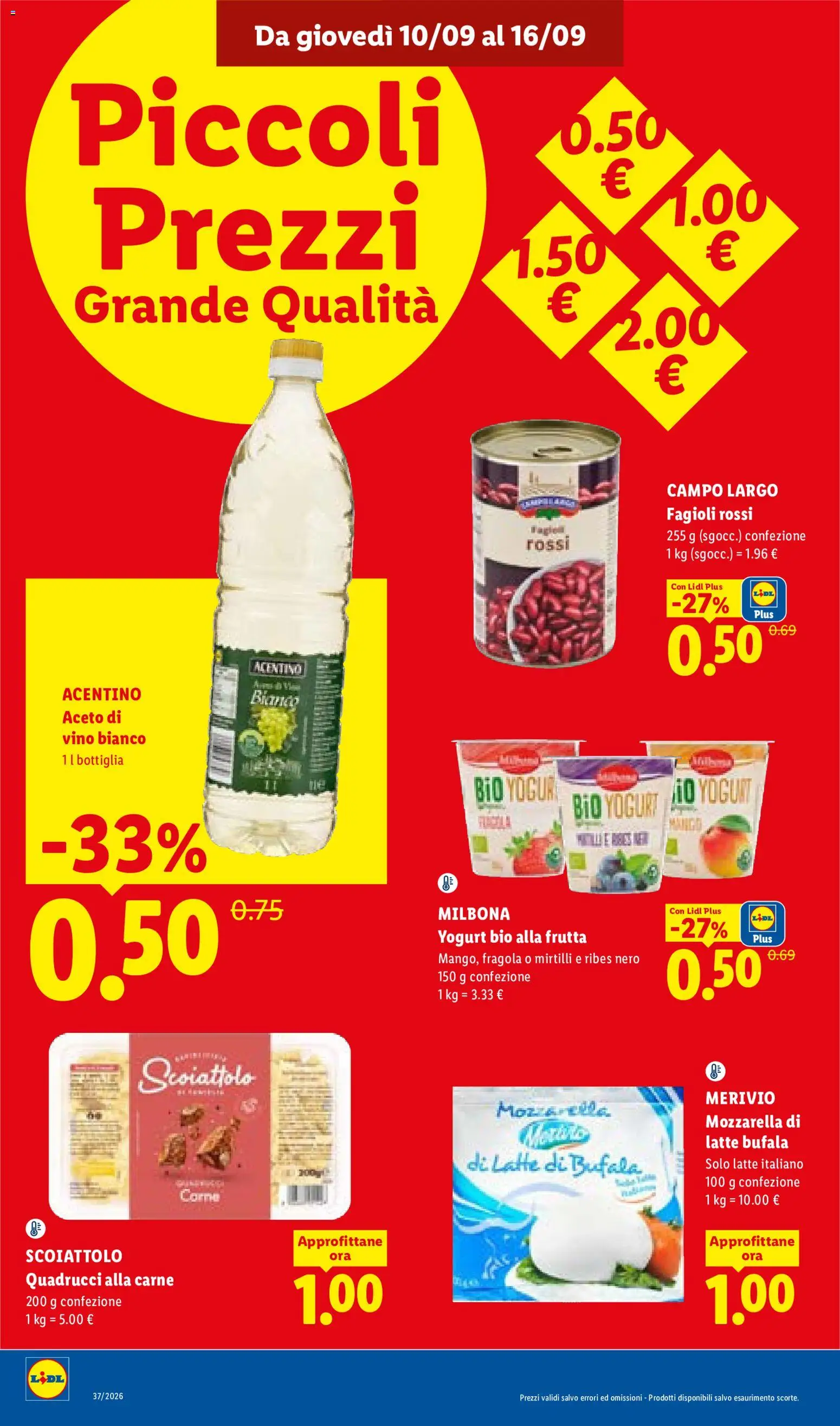 Anteprima dell'opuscolo Lidl volantino dal negozio Lidl valido da 10/09/2026 - Pasta, Fagioli, Latte, Carne, Mozzarella, Mirtilli, Bottiglia, Aceto