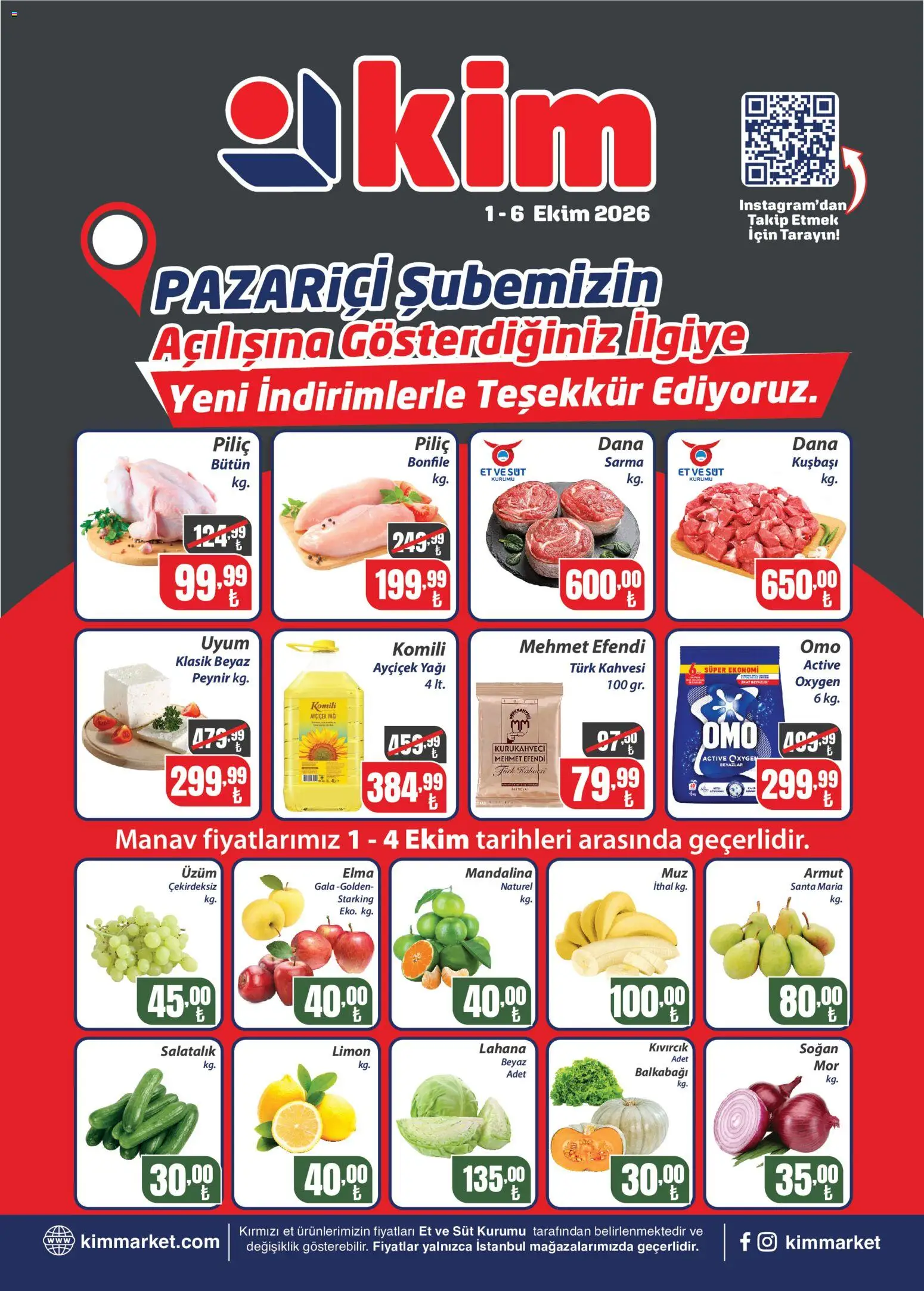 Kim Market Kim Market - Pazariçi Açılış 01.10.2026 - Broşürünün önizlemesi - Süt, Elma, Bonfile, Üzüm, Lahana, Balkabağı, Mandalina, Piliç