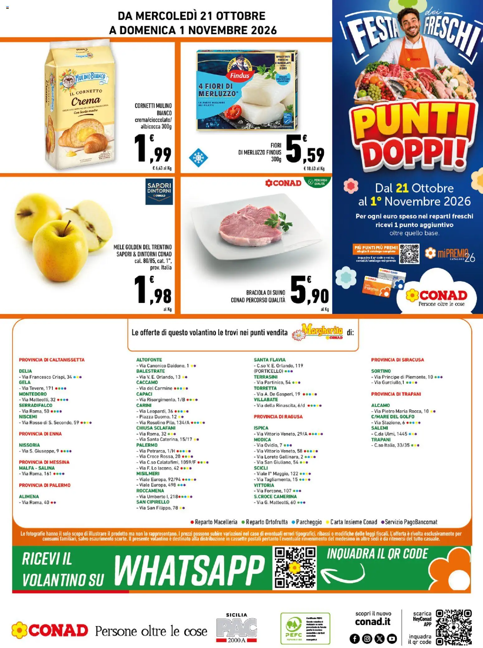 Anteprima dell'opuscolo Conad volantino Margherita Sicilia dal negozio Conad valido da 21/10/2026 - Crema, Fiori, Cornetto, Merluzzo, Suino, Mele
