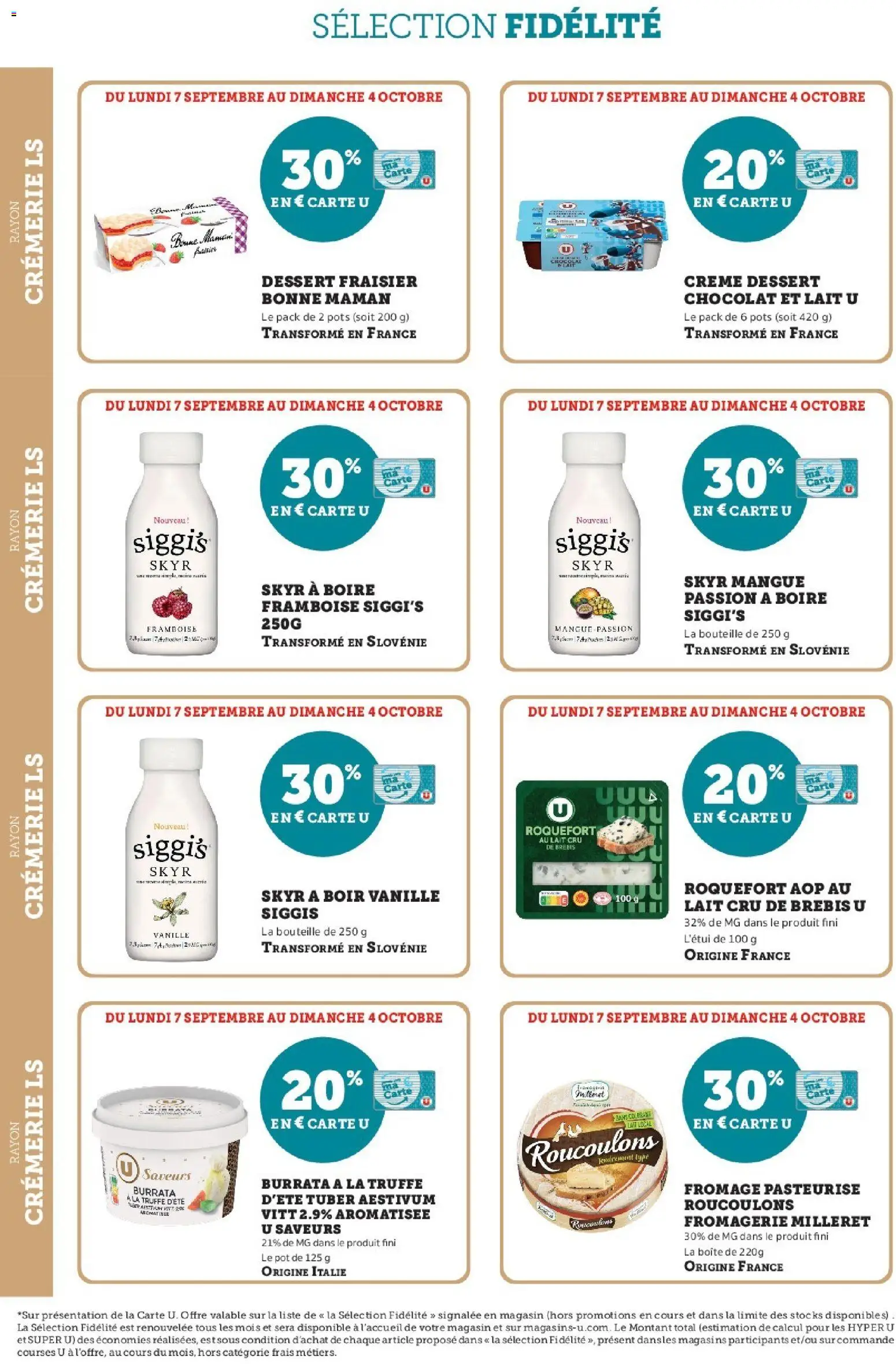 Prévisualisation de Super U - Ma sélection Carte U Septembre du magasin Super U formulaire valide 07/09/2026 - Fromage, Dessert, Skyr, Fraisier, Framboise, Mangue, Bouteille, Bonne Maman