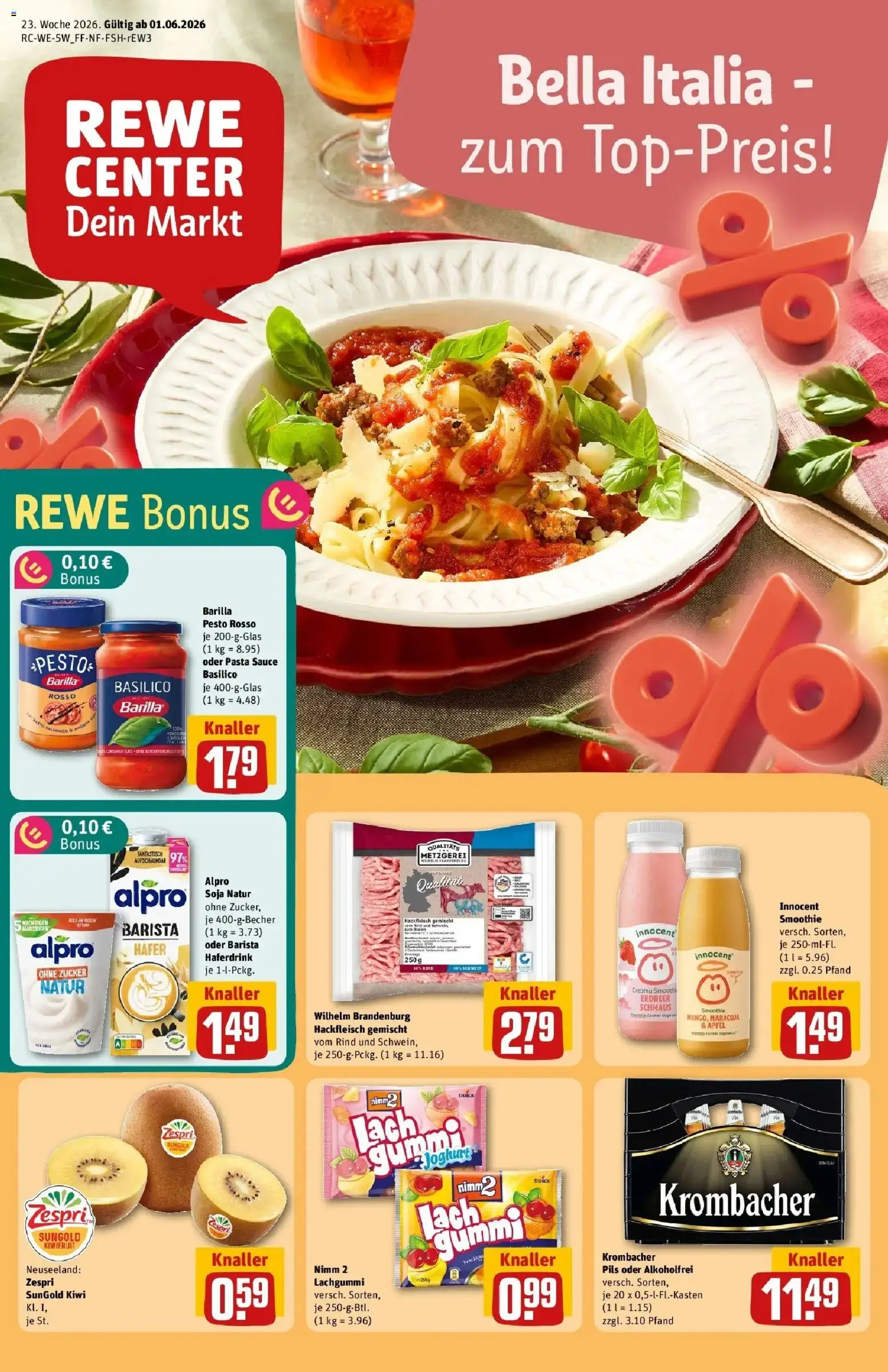 Vorschau von dem Prospekt des Geschäftes Rewe, gültig ab dem 01.06.2026 - Äpfel, Kiwi, Krombacher, Hackfleisch, Zucker, Barilla, Barilla pesto, Haferdrink