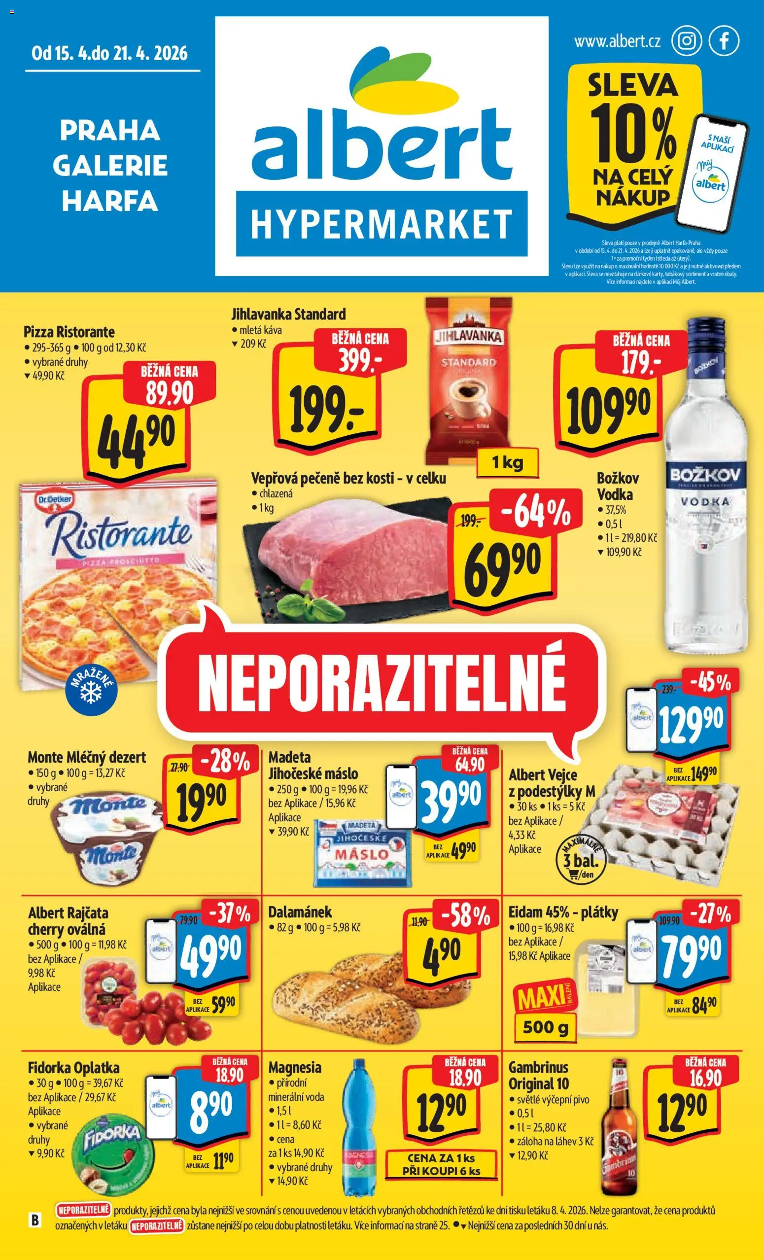 Náhled nabídky: Albert Albert leták - Hypermarket - Harfa platný od 15.04.2026 - Máslo, Pivo, Voda, Vejce, Božkov, Rajčata, Láhev, Mletá káva