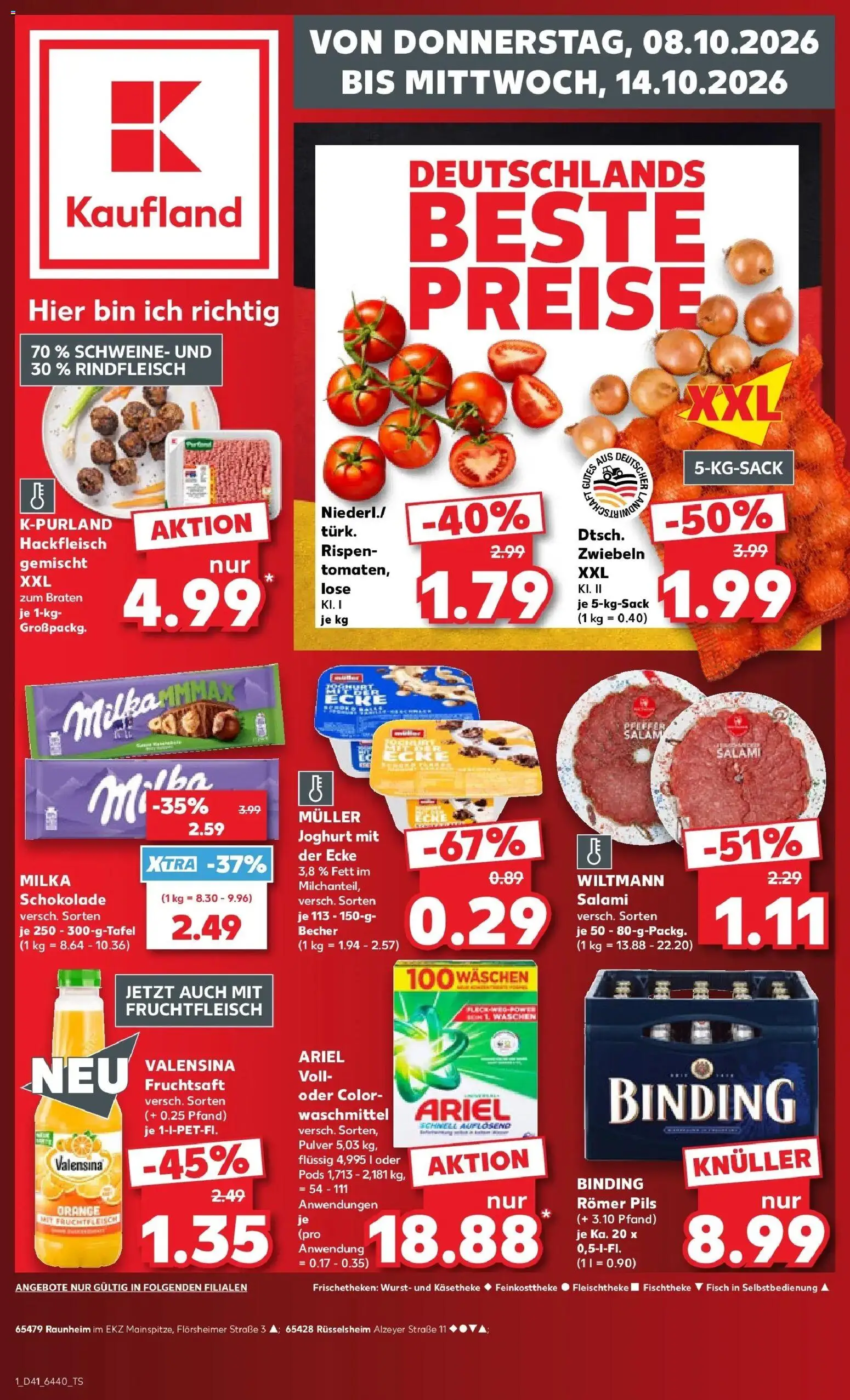 Vorschau von dem Prospekt des Geschäftes Kaufland, gültig ab dem 08.10.2026 - Schokolade, Joghurt, Hackfleisch, Salami, Waschmittel, Pils, Valensina, Fruchtsaft
