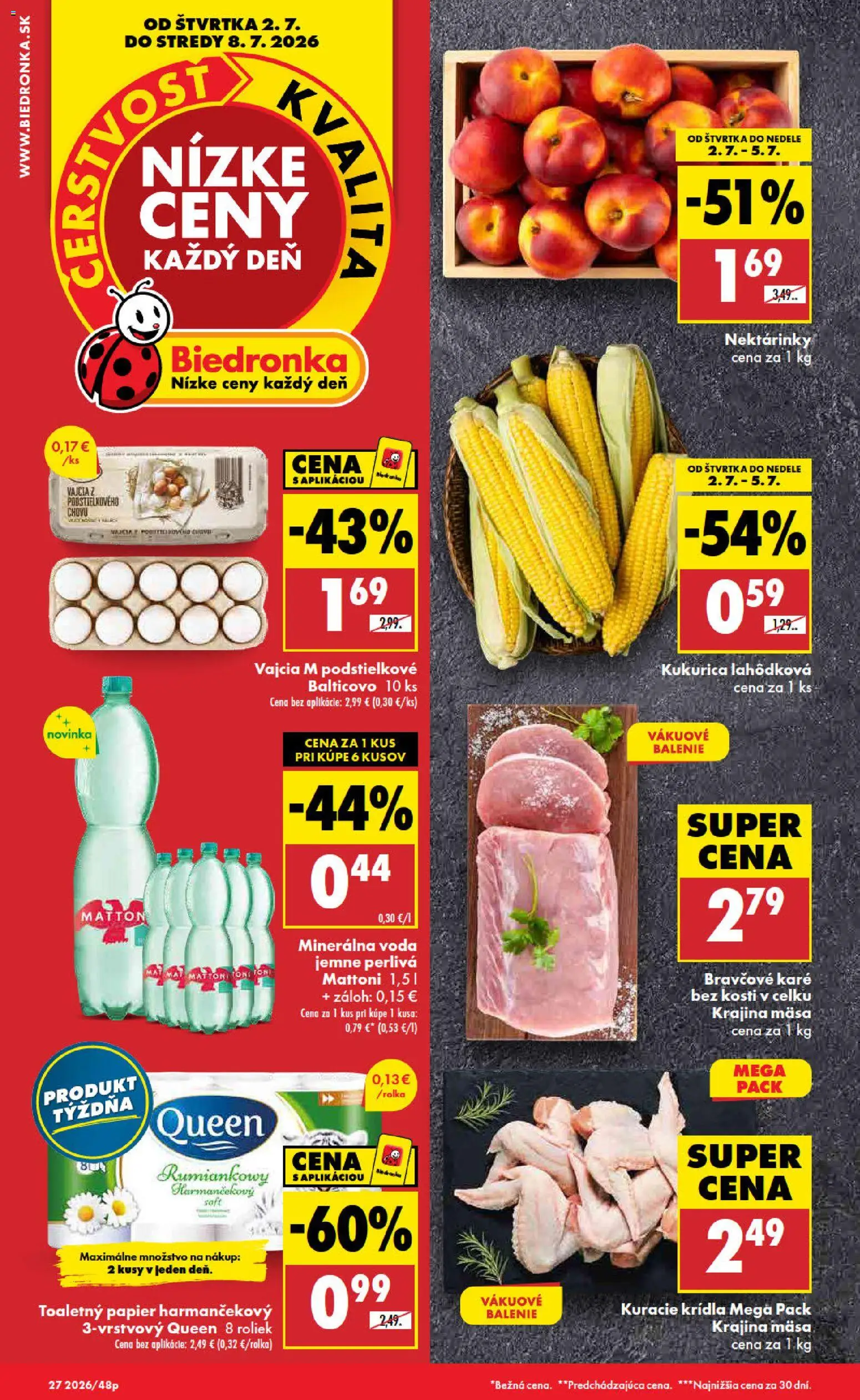 Náhľad Biedronka letáku platného od 02.07.2026 - Voda, Bravčové karé, Kukurica, Toaletný papier, Vajcia, Mattoni, Kuracie krídla, Vajcia M