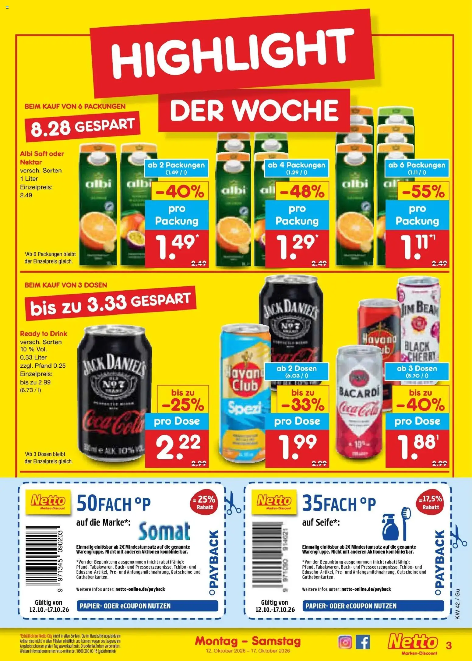 Vorschau von dem Prospekt des Geschäftes Netto Marken-Discount, gültig ab dem 12.10.2026 - Coca cola, Cola, Bacardi, Jim beam, Seife, Saft, Jack Daniel's