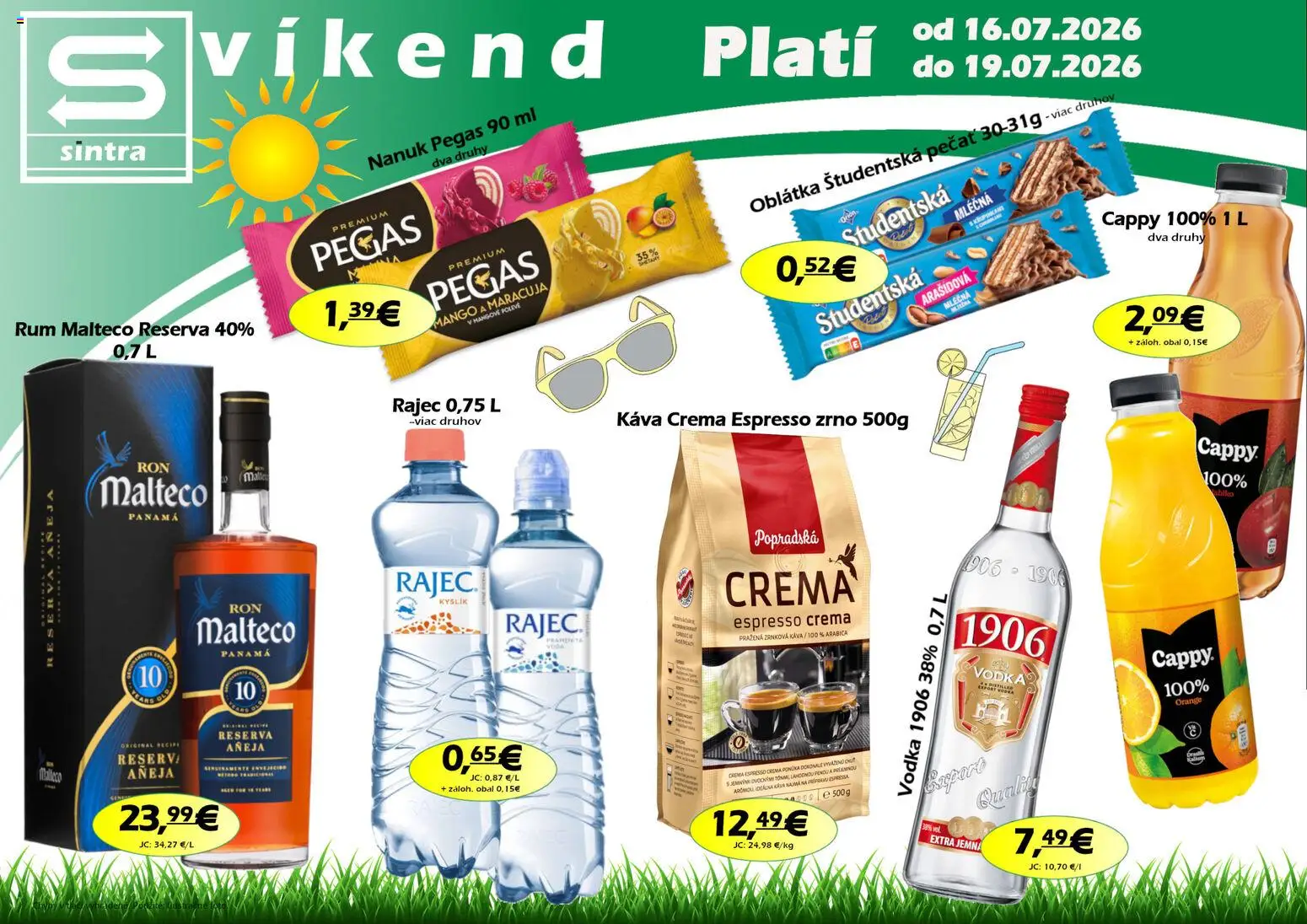 Náhľad Sintra letáku platného od 16.07.2026 - Mango, Káva, Rajec, Rum, Vodka, Zrnková káva, Študentská pečať, Nanuk