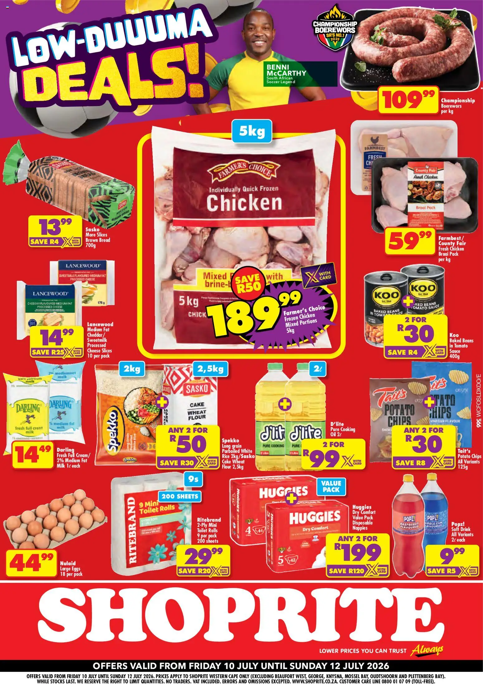 Preview of Shoprite flyer valid from 10/07/2026 - Chicken, Eggs, Cheese, Boerewors, Flour, Stock, Baked beans, Frozen chicken