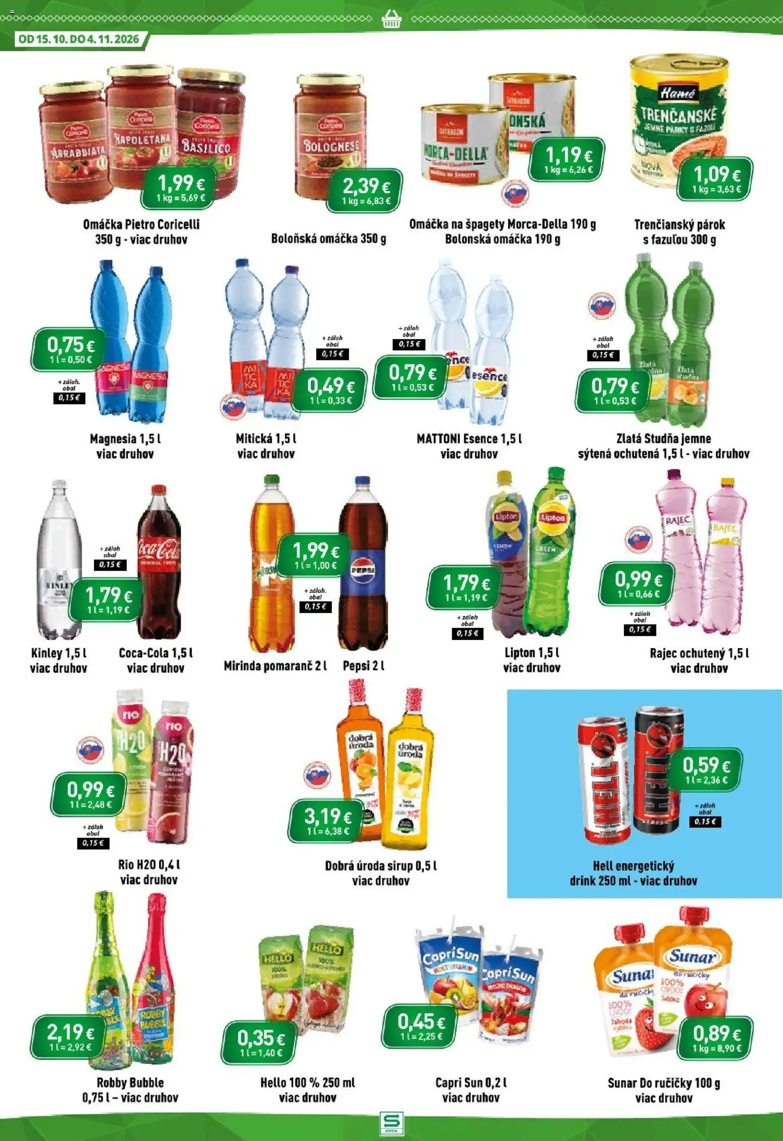 Náhľad Sintra letáku platného od 15.10.2026 - Rajec, Špagety, Pepsi, Sirup, Sunar, Párky, Mattoni, Magnesia