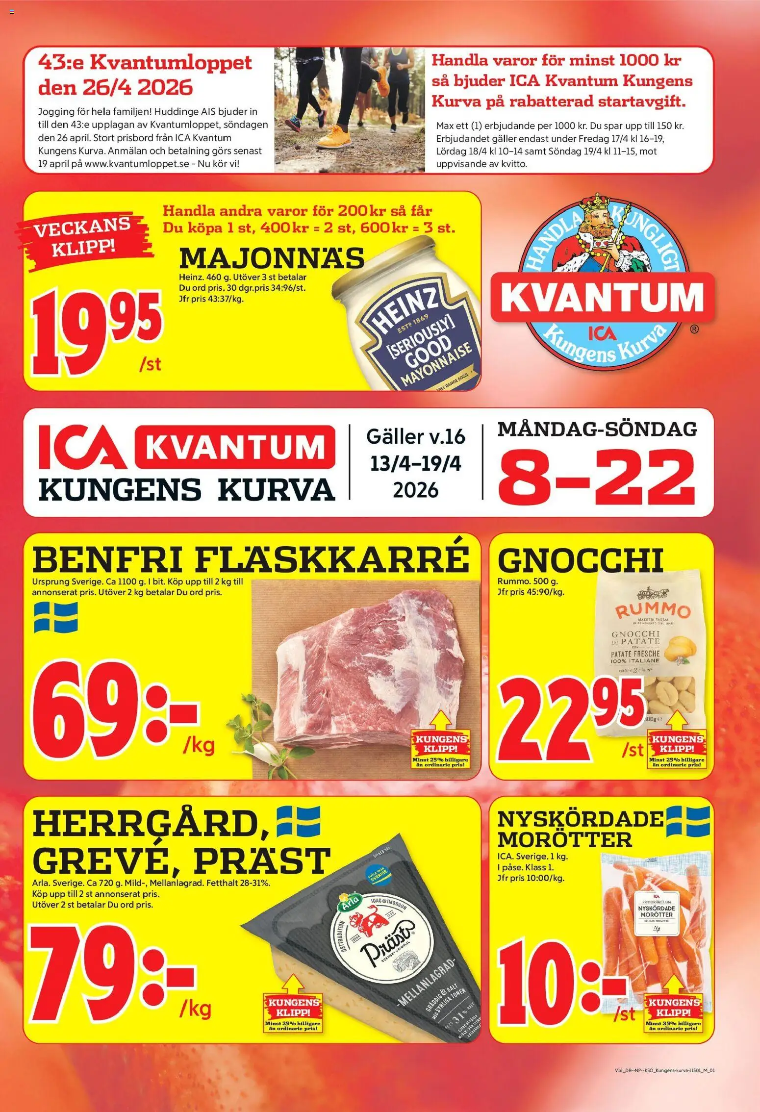 Förhandsgranska reklamblad Kungens Kurva från butik ICA Kvantum gäller från 13/04/2026 - Gnocchi, Mjölk, Salt, Majonnäs, Galler, Morötter, Fläskkarré