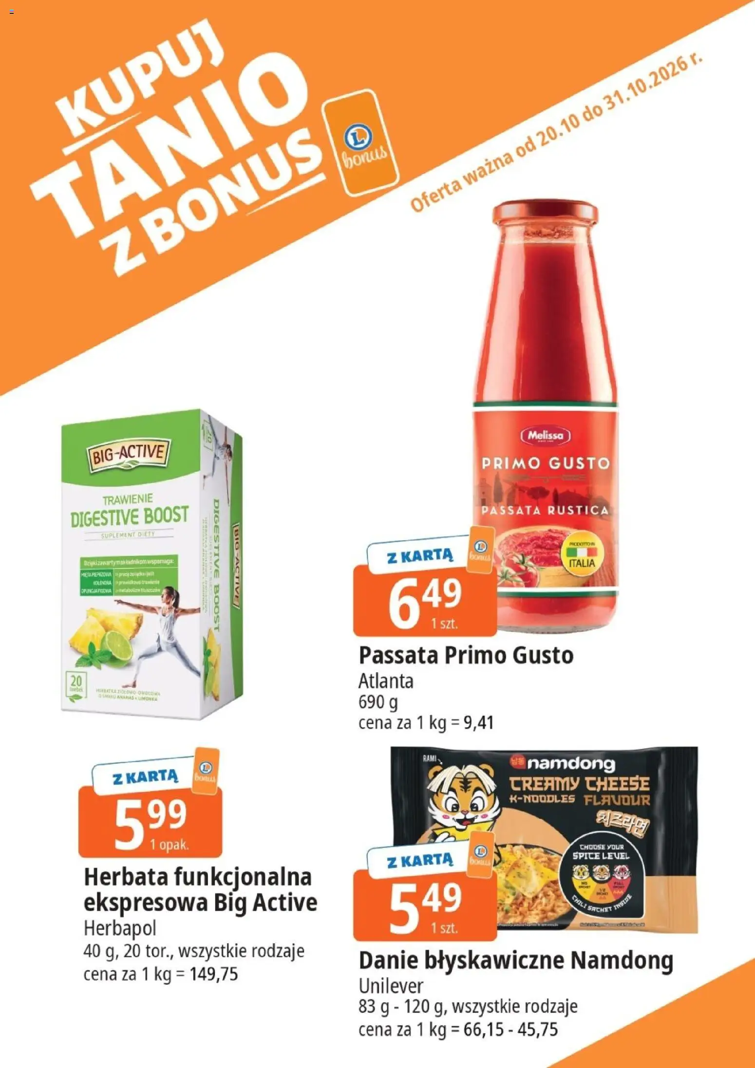 Pogląd gazetki "E.Leclerc gazetka - Kupuj Tanio Z Bonus" ze sklepu E.Leclerc ważnej od 20.10.2026 - Herbata, Karta, Chili, Passata