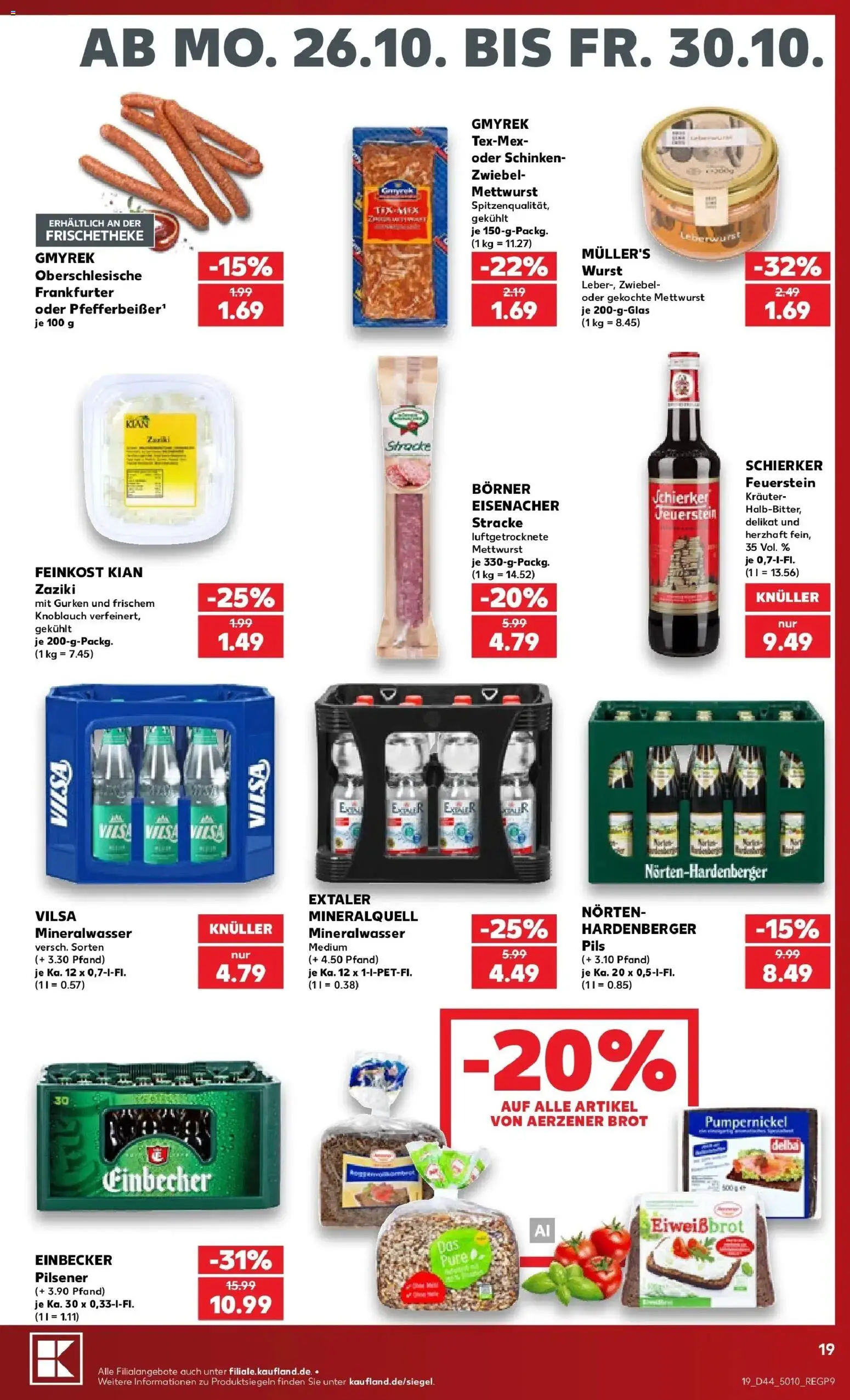 Vorschau von dem Prospekt des Geschäftes Kaufland, gültig ab dem 26.10.2026 - Wurst, Mineralwasser, Brot, Knoblauch, Gurken, Schinken, Pils
