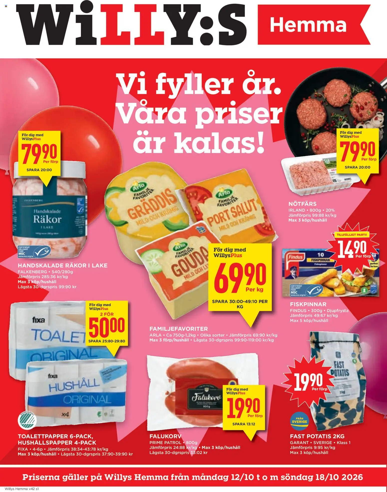Förhandsgranska reklamblad Willys erbjudanden Hemma från butik Willys gäller från 12/10/2026 - Falukorv, Potatis, Räkor, Toalettpapper, Galler, Nötfärs, Hushållspapper, Gouda