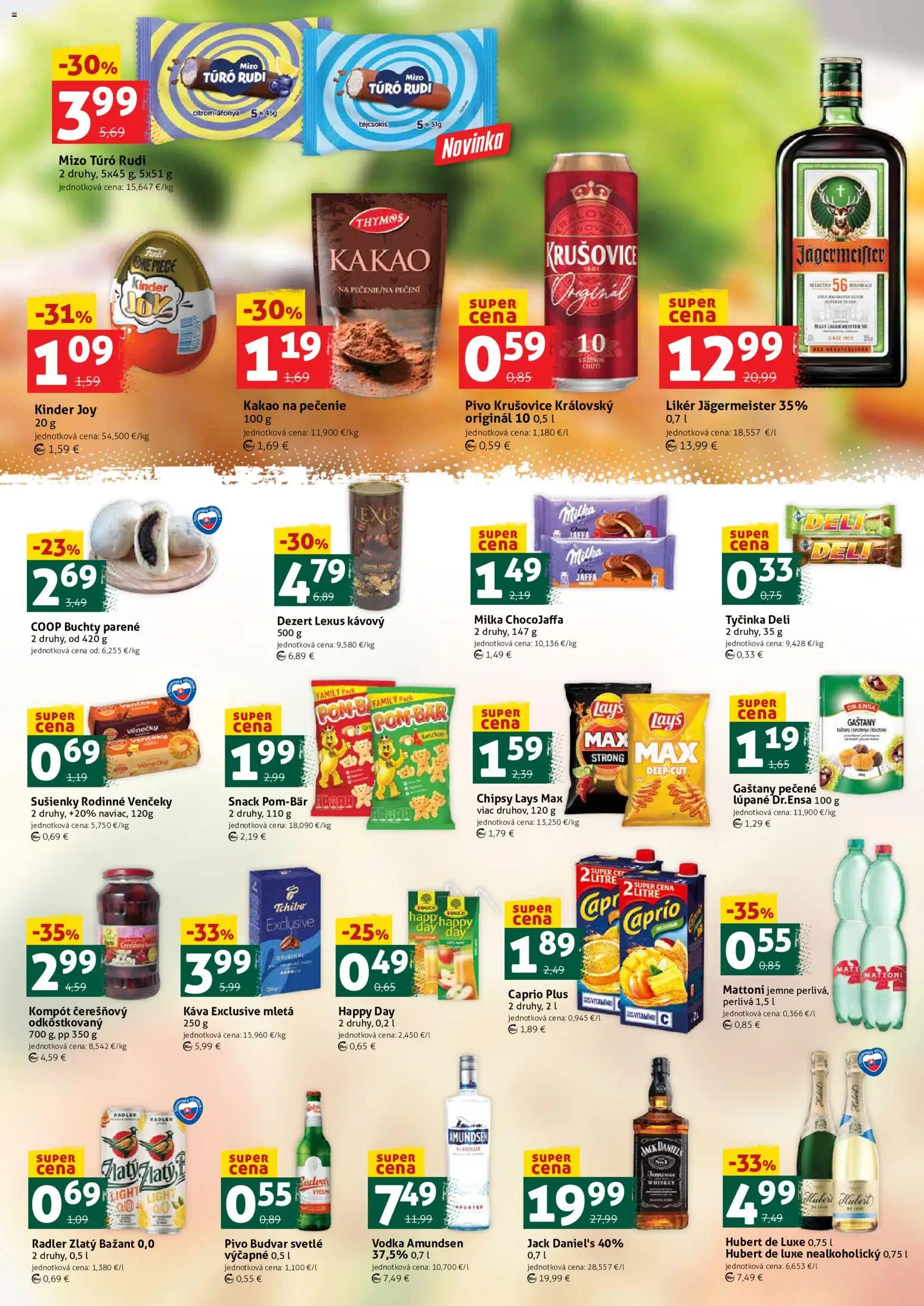 Náhľad COOP Jednota letáku platného od 30.10.2026 - Káva, Vodka, Jägermeister, Kakao, Mattoni, Radler, Budvar, Zlatý Bažant