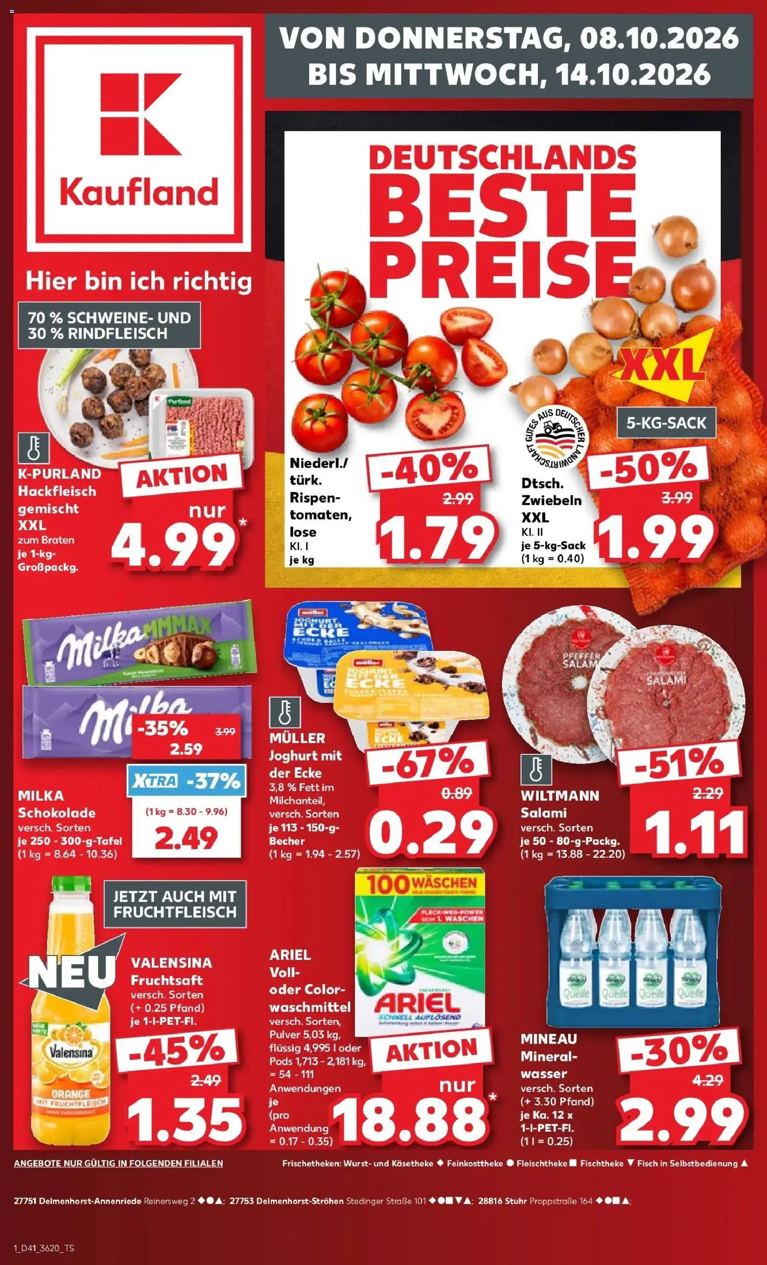 Vorschau von dem Prospekt des Geschäftes Kaufland, gültig ab dem 08.10.2026 - Wasser, Schokolade, Wurst, Milka, Rindfleisch, Zwiebeln, Valensina, Fruchtsaft