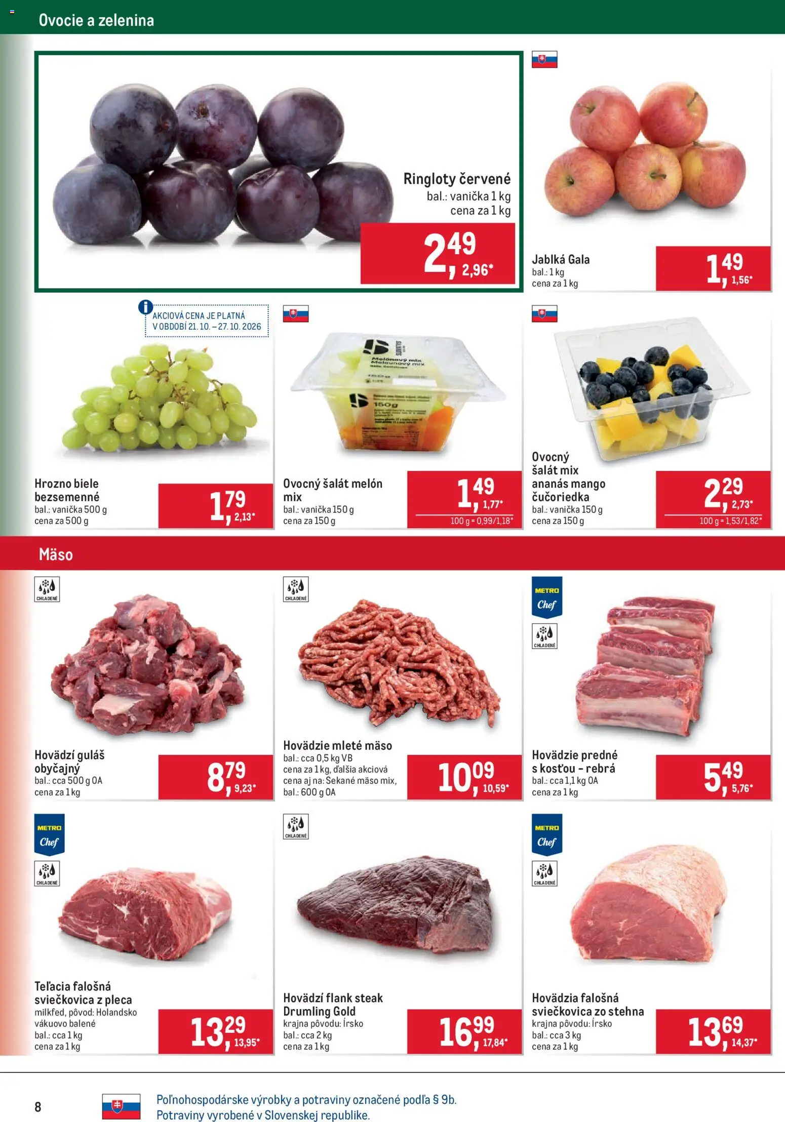 Náhľad Metro letáku platného od 21.10.2026 - Mango, Mäso, Zelenina, Šalát, Flank steak, Jablká, Mleté mäso, Stehná