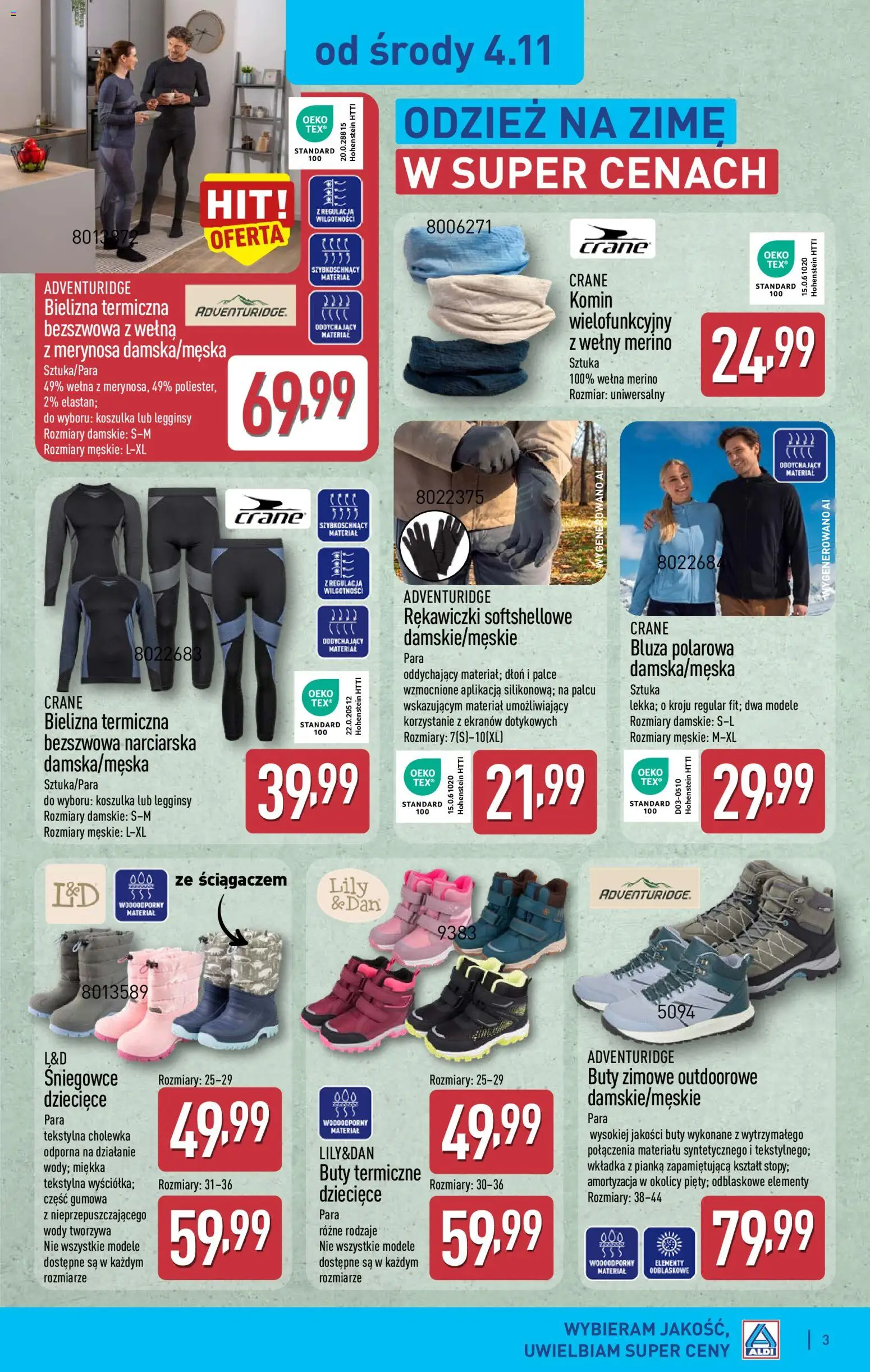 Pogląd gazetki "Aldi gazetka - Artykuły przemysłowe i tekstylia" ze sklepu Aldi ważnej od 04.11.2026 - Buty, Buty zimowe, Śniegowce, Bielizna, Legginsy, Rękawiczki