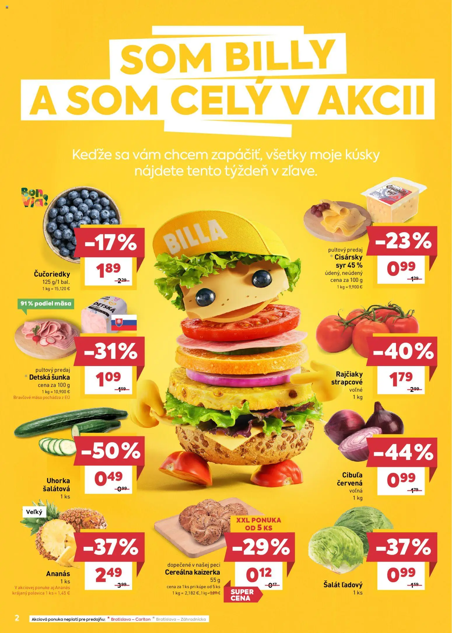 Náhľad Billa letáku platného od 14.10.2026 - Mäso, Šalát, Šunka, Uhorka, Bravčové mäso, Ananás, Uhorka šalátová, Cibuľa červená