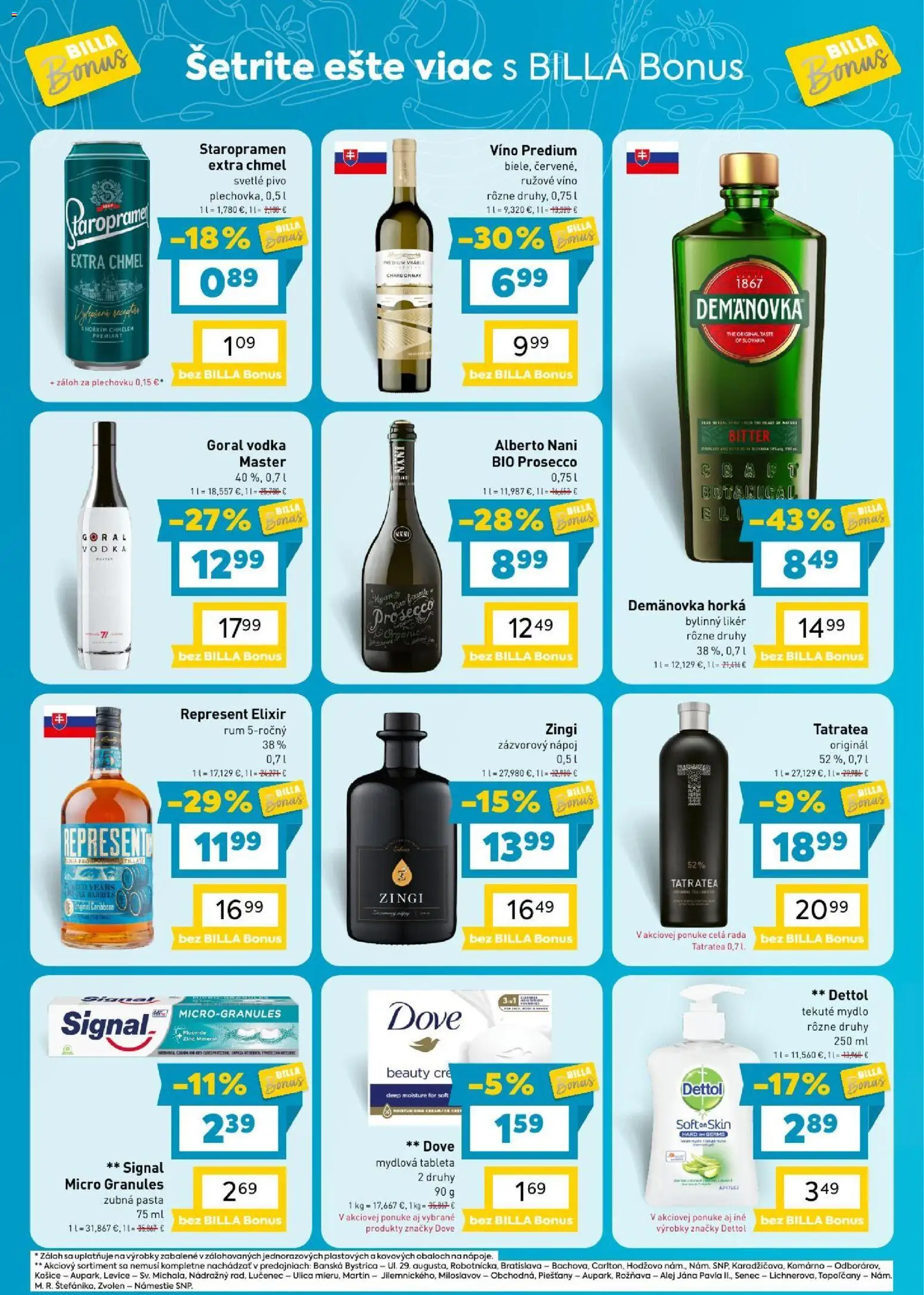Náhľad Billa letáku platného od 16.09.2026 - Pivo, Prosecco, Rum, Vodka, Staropramen, Dettol, Bylinný likér, Rúžové víno