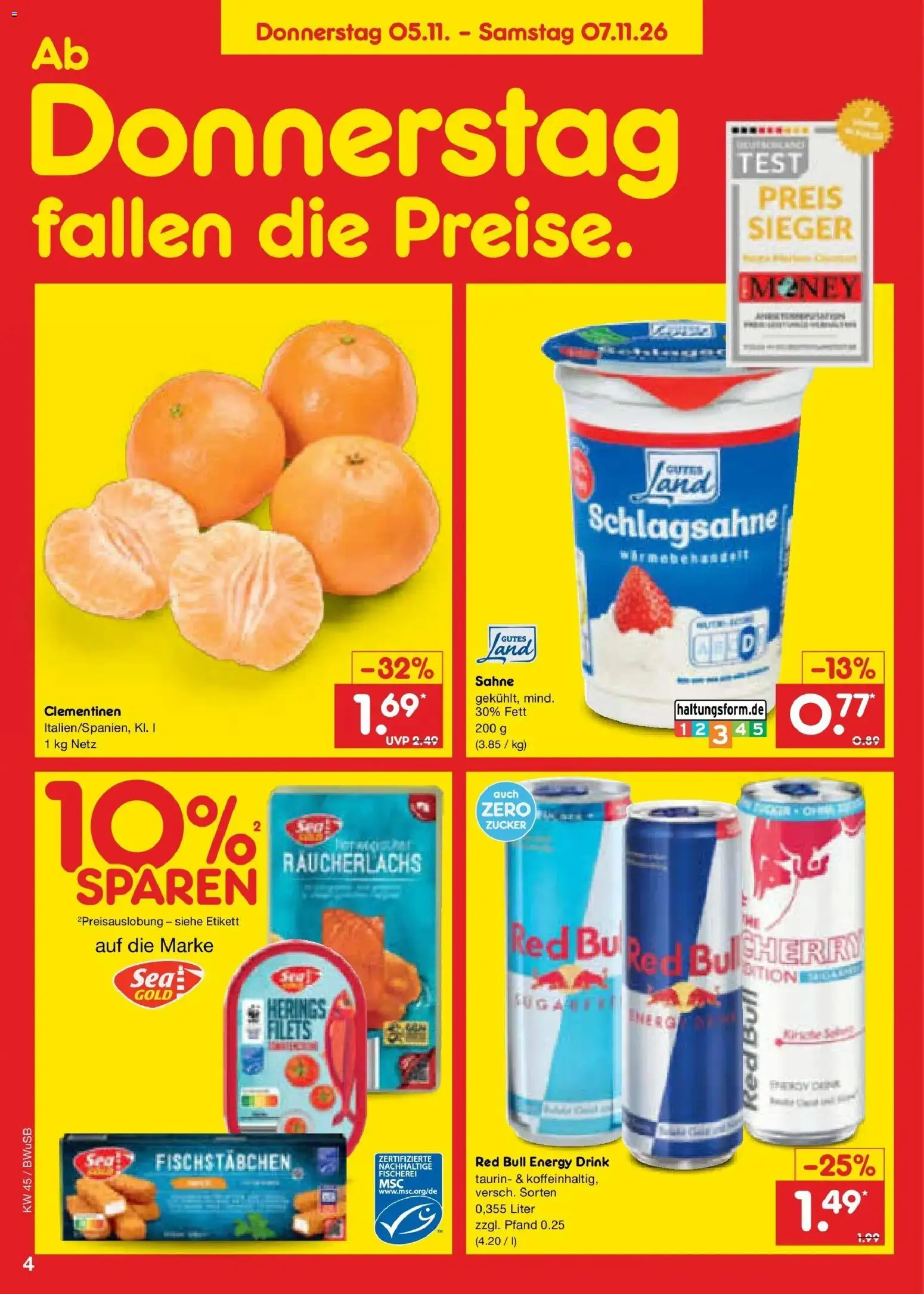 Vorschau von dem Prospekt des Geschäftes Netto Marken-Discount, gültig ab dem 02.11.2026 - Red bull, Schlagsahne, Zucker, Energy, Sahne, Räucherlachs, Fischstabchen