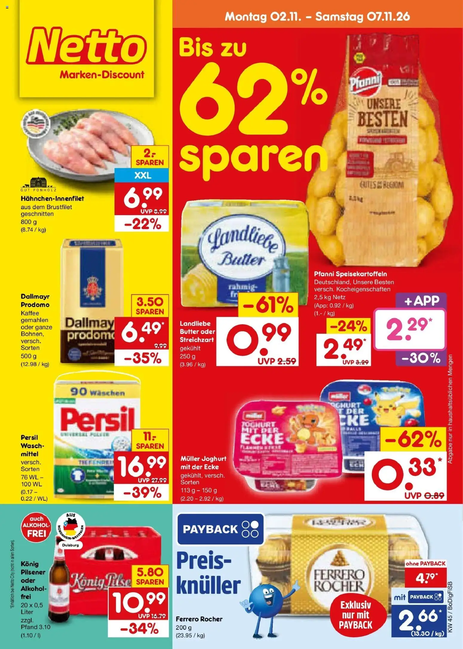 Vorschau von dem Prospekt des Geschäftes Netto Marken-Discount, gültig ab dem 02.11.2026 - Kaffee, Butter, Joghurt, Alkohol, Dallmayr, Ferrero rocher, Landliebe butter, Konig pilsener