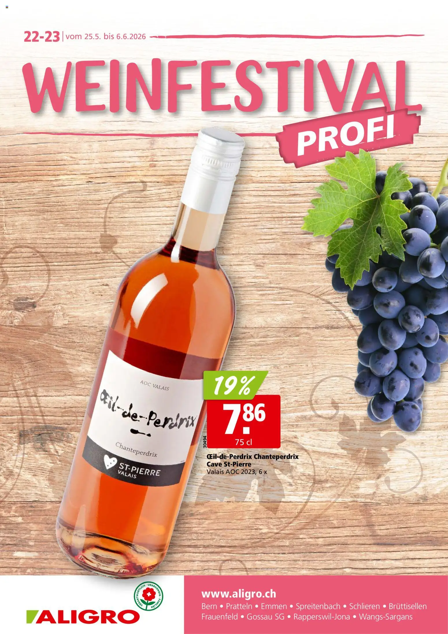 Vorschau des Merkblatts Aligro aktionen Weinfestival Schlieren, Gossau SG, Frauenfeld, Rapperswil-Jona, Sargans, Bern vom Shop Aligro gültig von 25.05.2026 bis 06.06.2026