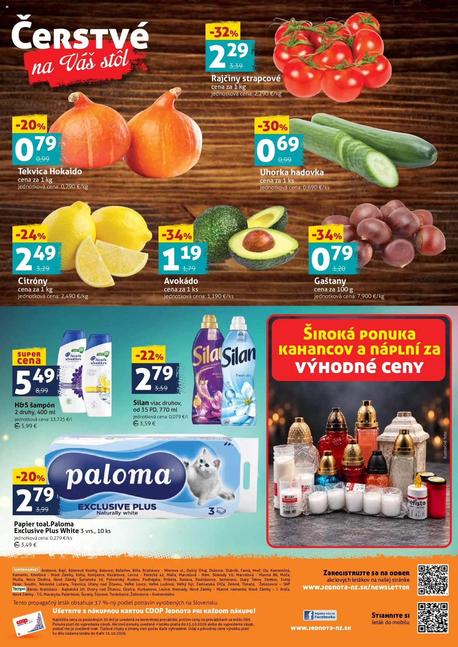 Náhľad COOP Jednota letáku platného od 23.10.2026 - Avokádo, Tekvica, Stôl, Šampón, Uhorka, Silan, Uhorka hadovka, Citróny