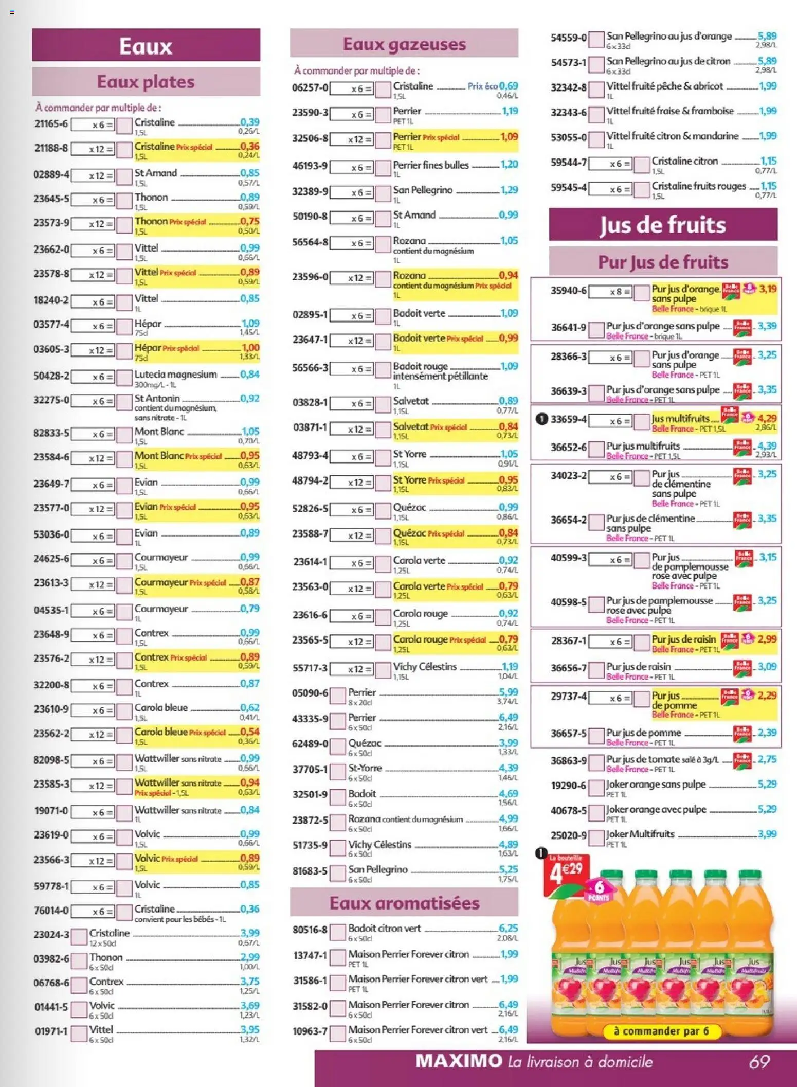 Prévisualisation de Maximo catalogue epicerie du magasin Maximo formulaire valide 24/08/2026 - Pomme, Framboise, Vittel, Jus de fruits, Salvetat, Badoit rouge, Badoit verte, Jus d'orange