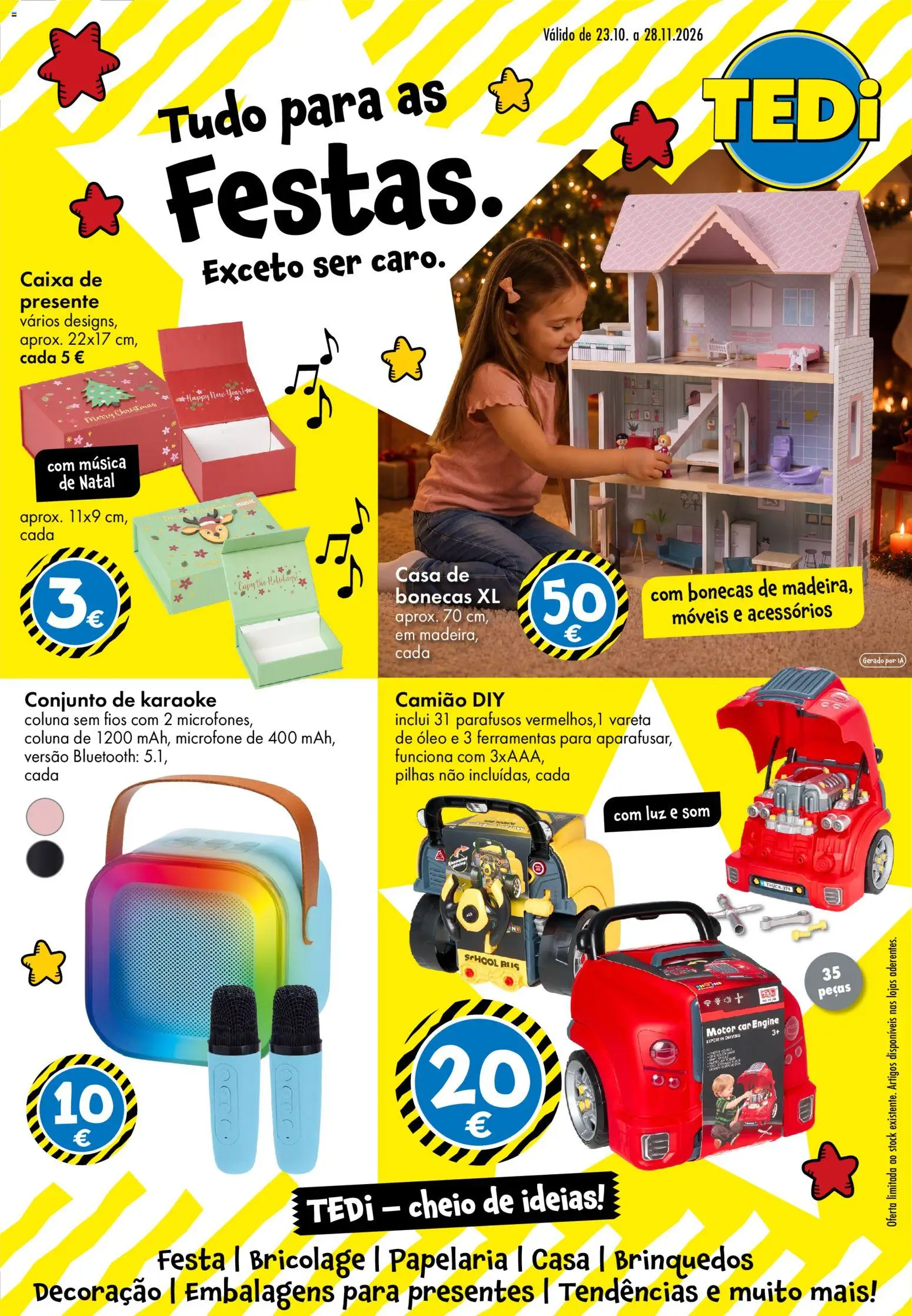 Pré-visualização do folheto da loja TEDi válida a partir de 23/10/2026 - Caixa, Brinquedos, Ferramentas, Microfone, Decoração, Óleo, Pilhas, Casa de bonecas