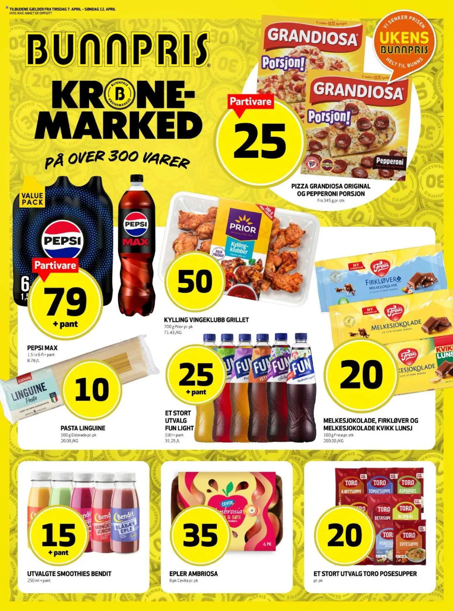 Forhåndsvis Bunnpris Oslo kundeavis fra butikk Bunnpris gyldig fra 07/04/2026 - Pasta, Blåbær, Pizza grandiosa, Asparges, Posesupper, Tomatsuppe, Kvikk Lunsj, Grandiosa