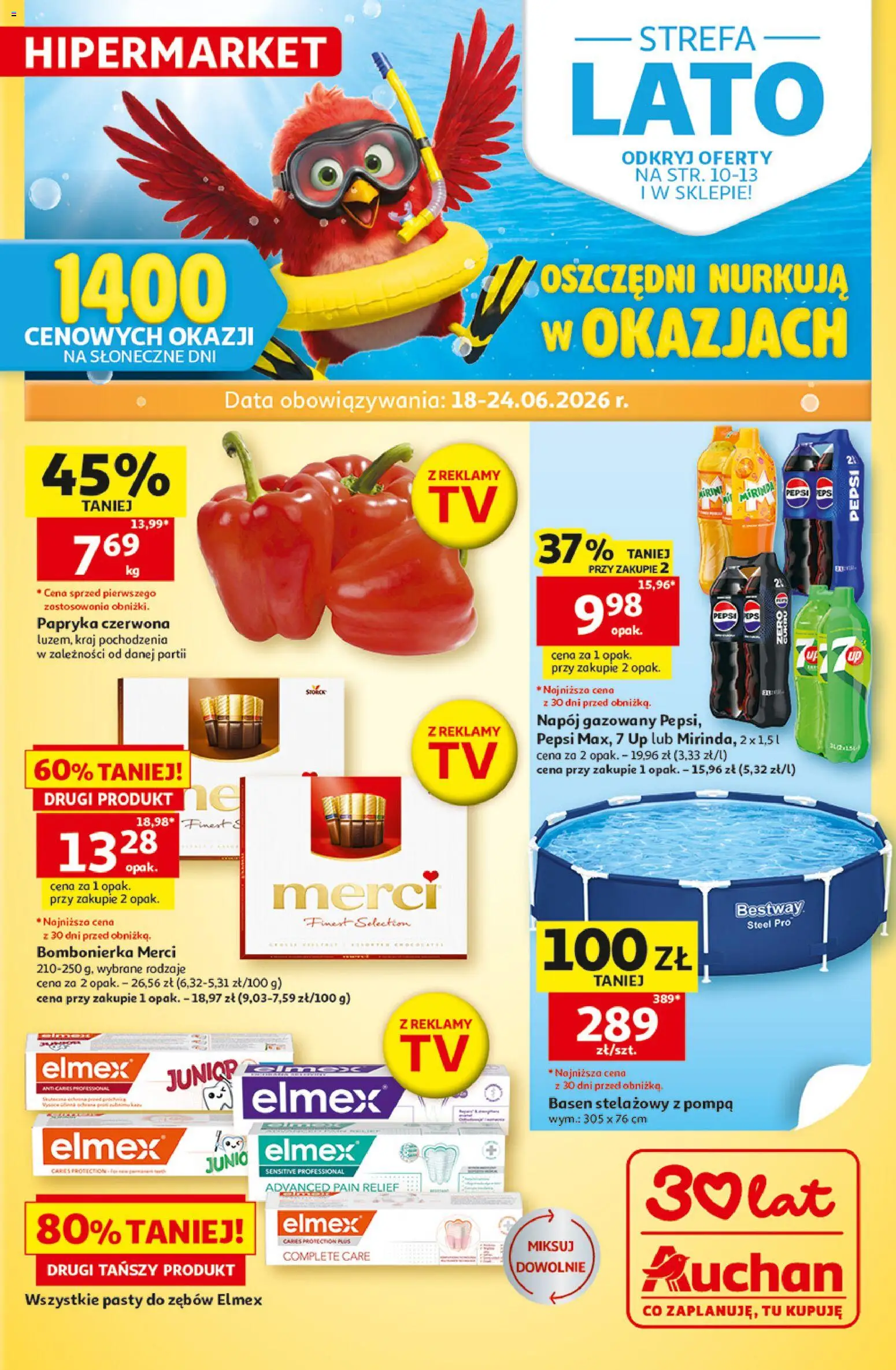 Pogląd gazetki "Auchan gazetka - 30 Lat Hipermarket" ze sklepu Auchan ważnej od 18.06.2026 - Basen, Merci, Pepsi, Basen stelażowy, Papryka, Bombonierka, Papryka czerwona