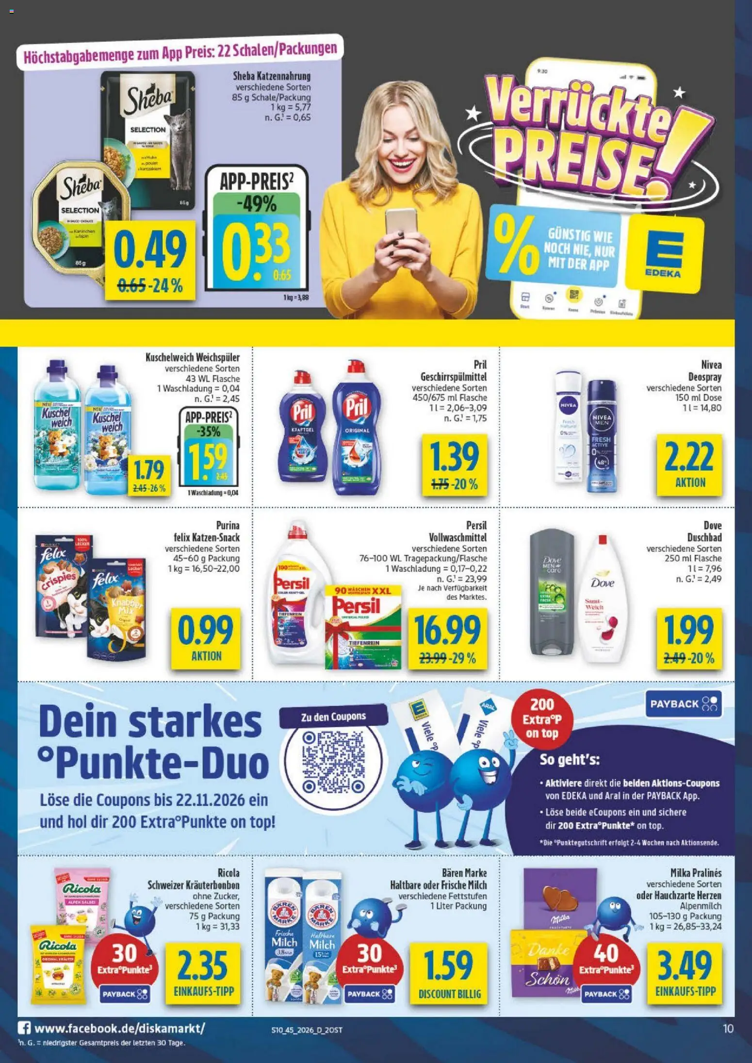 Vorschau von dem Prospekt des Geschäftes Diska, gültig ab dem 02.11.2026 - Top, Milka, Weichspüler, Persil, Pril, Kuschelweich, Geschirrspülmittel, Deospray
