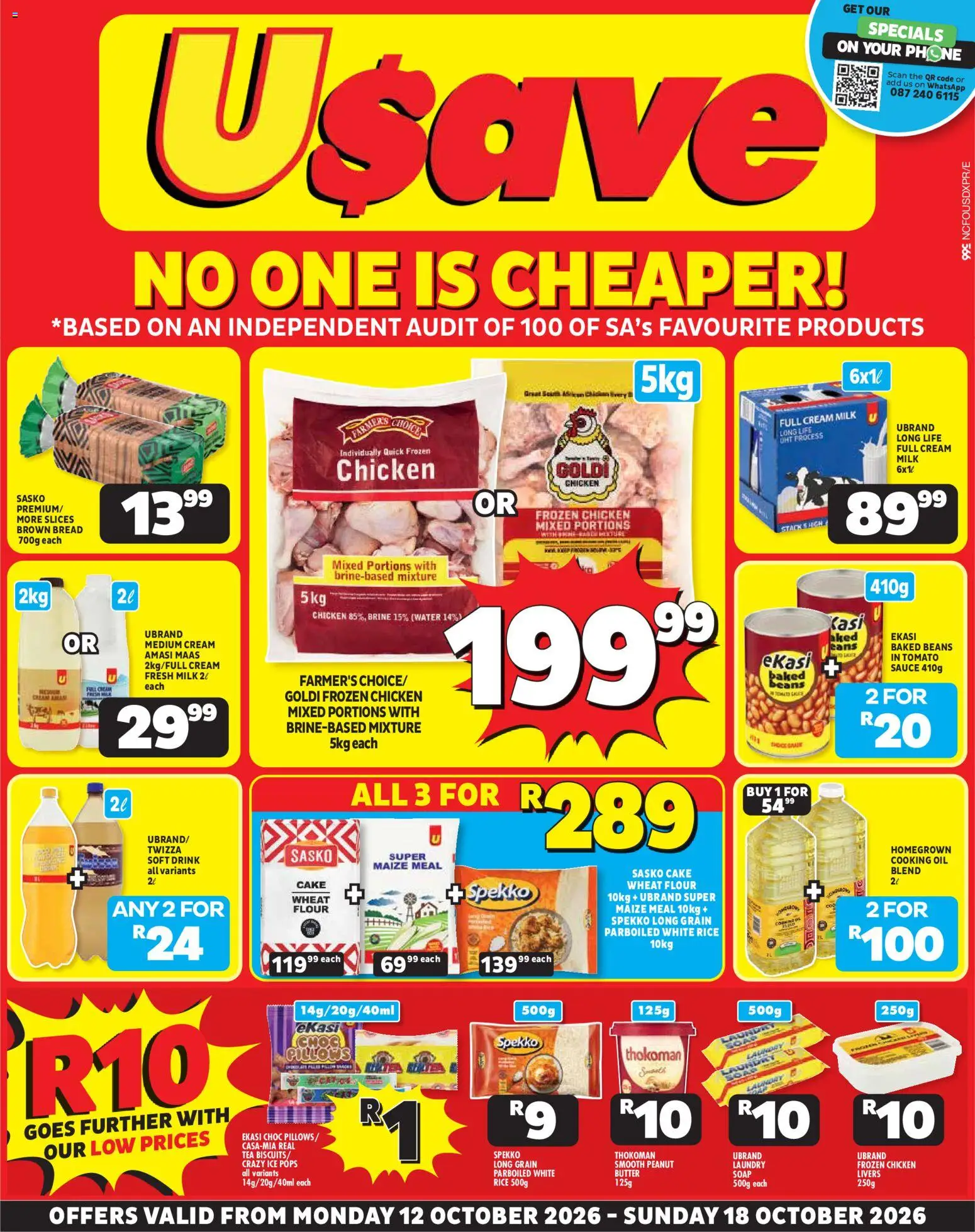 Preview of Usave flyer valid from 12/10/2026 - Chicken, Tea, Butter, Rice, Maize meal, Baked beans, Sauce, Frozen chicken