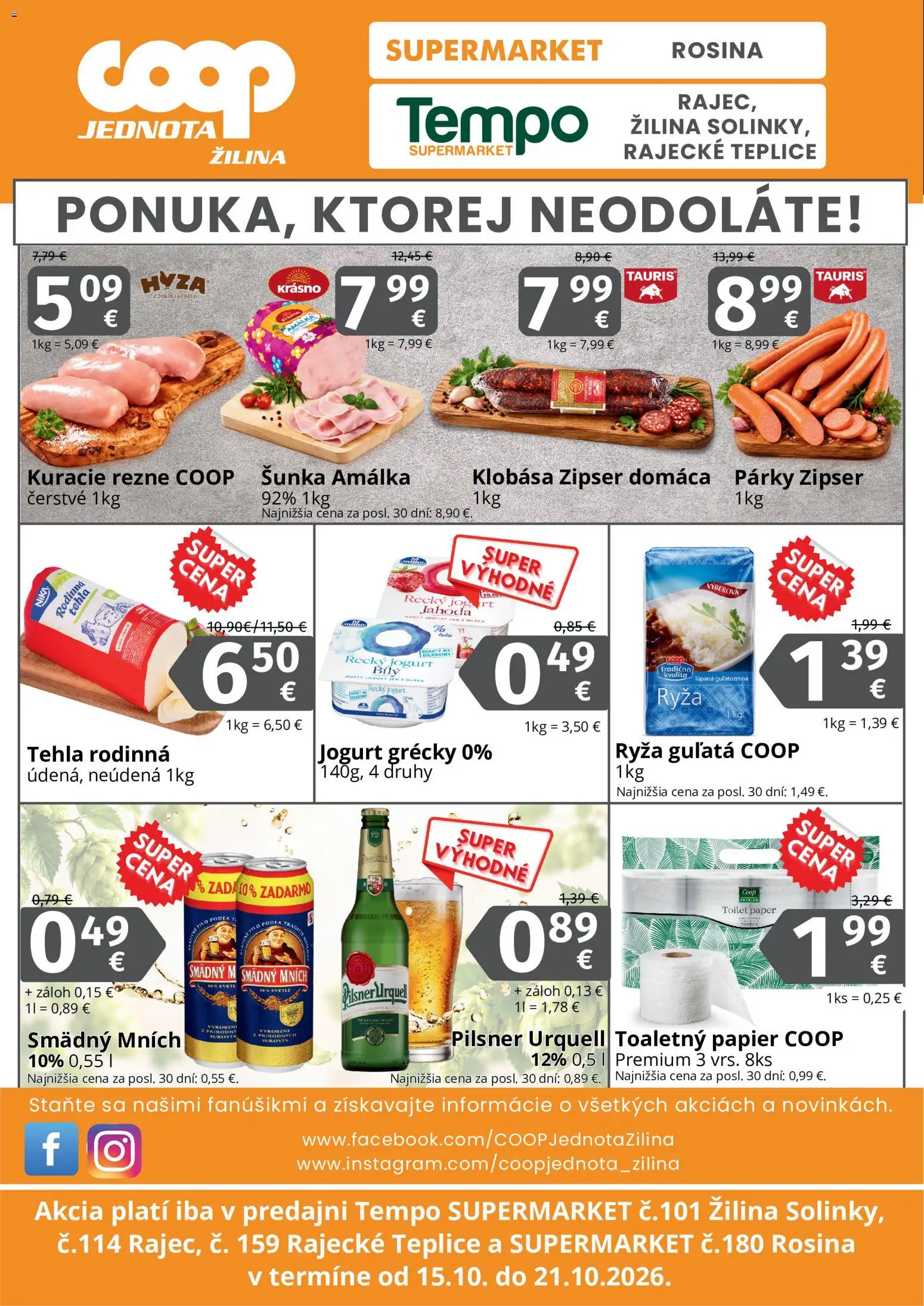Náhľad COOP Jednota letáku platného od 15.10.2026 - Pilsner Urquell, Toaletný papier, Ryža, Kuracie rezne, Klobása, Jogurt, Šunka, Smädný Mních