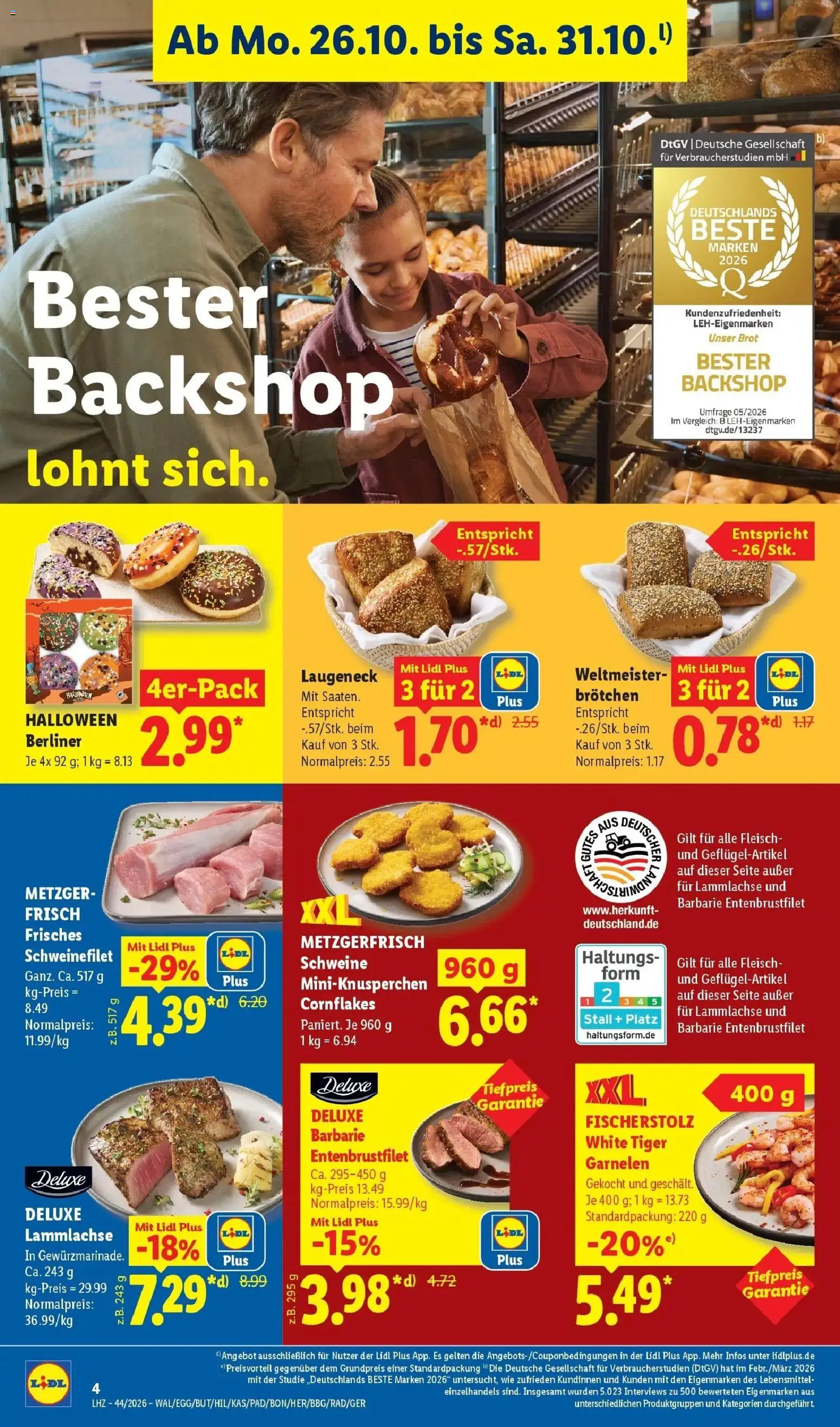 Vorschau von dem Prospekt des Geschäftes Lidl, gültig ab dem 26.10.2026 - Donuts, Garnelen, Brot, Fleisch, Berliner, Cornflakes, Schweinefilet, Tiger garnelen