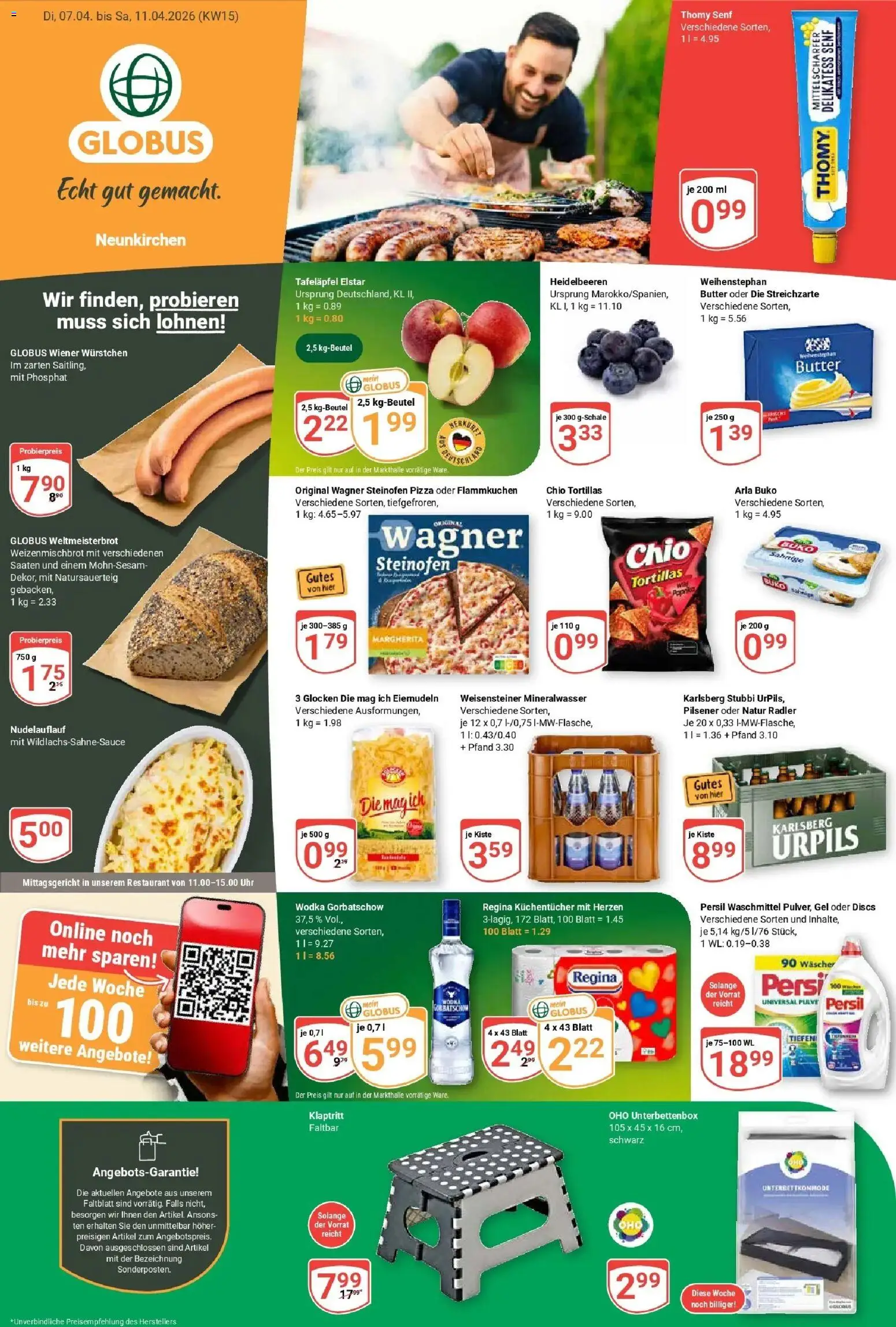 Vorschau von dem Prospekt des Geschäftes Globus, gültig ab dem 07.04.2026 - Pizza, Butter, Tortillas, Waschmittel, Wodka gorbatschow, Persil, Arla buko, Wiener wurstchen
