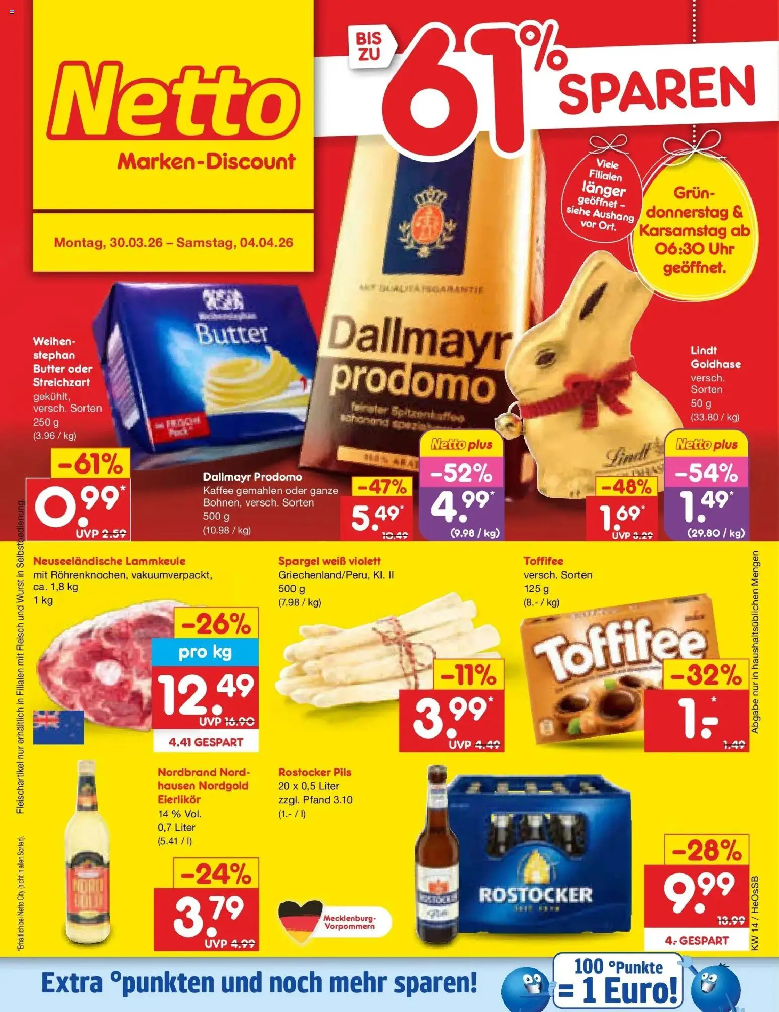 Vorschau von dem Prospekt des Geschäftes Netto Marken-Discount, gültig ab dem 30.03.2026 - Kaffee, Uhr, Butter, Wurst, Fleisch, Dallmayr, Lammkeule, Pils
