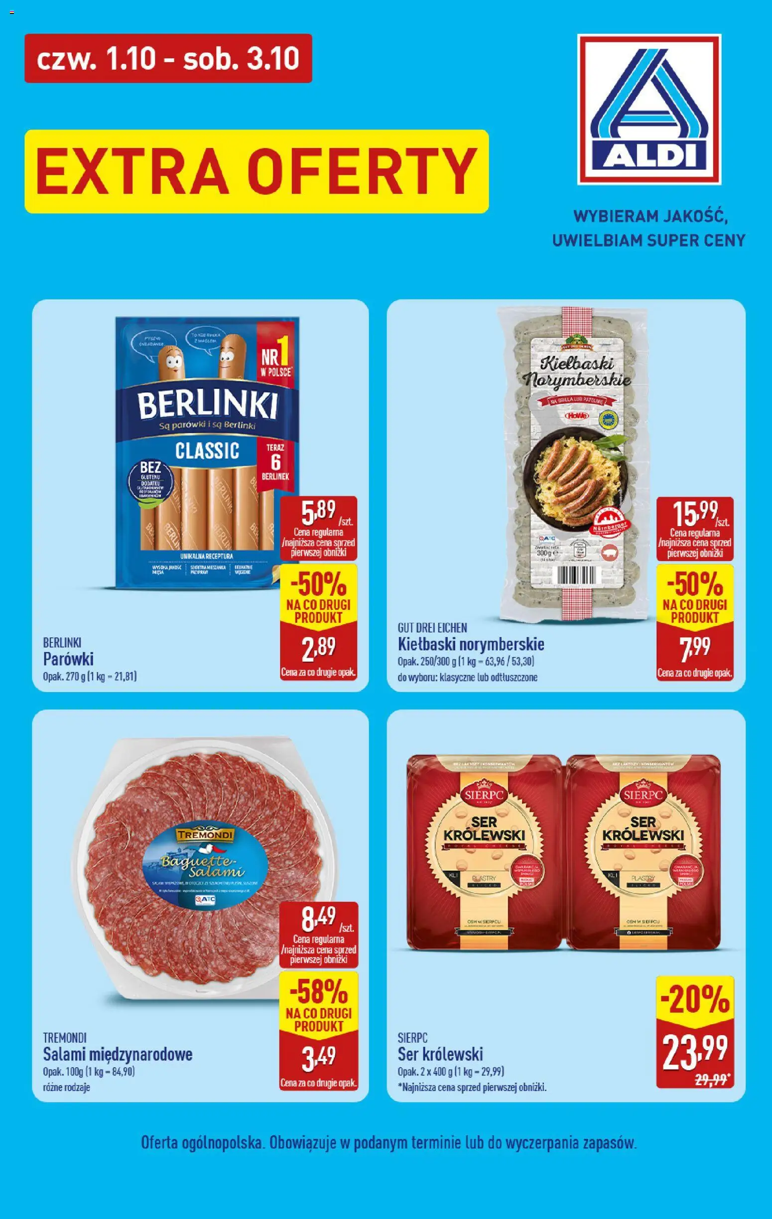 Pogląd gazetki "Aldi gazetka - Extra oferty" ze sklepu Aldi ważnej od 01.10.2026 - Ser, Salami, Parówki, Berlinki, Kiełbaski