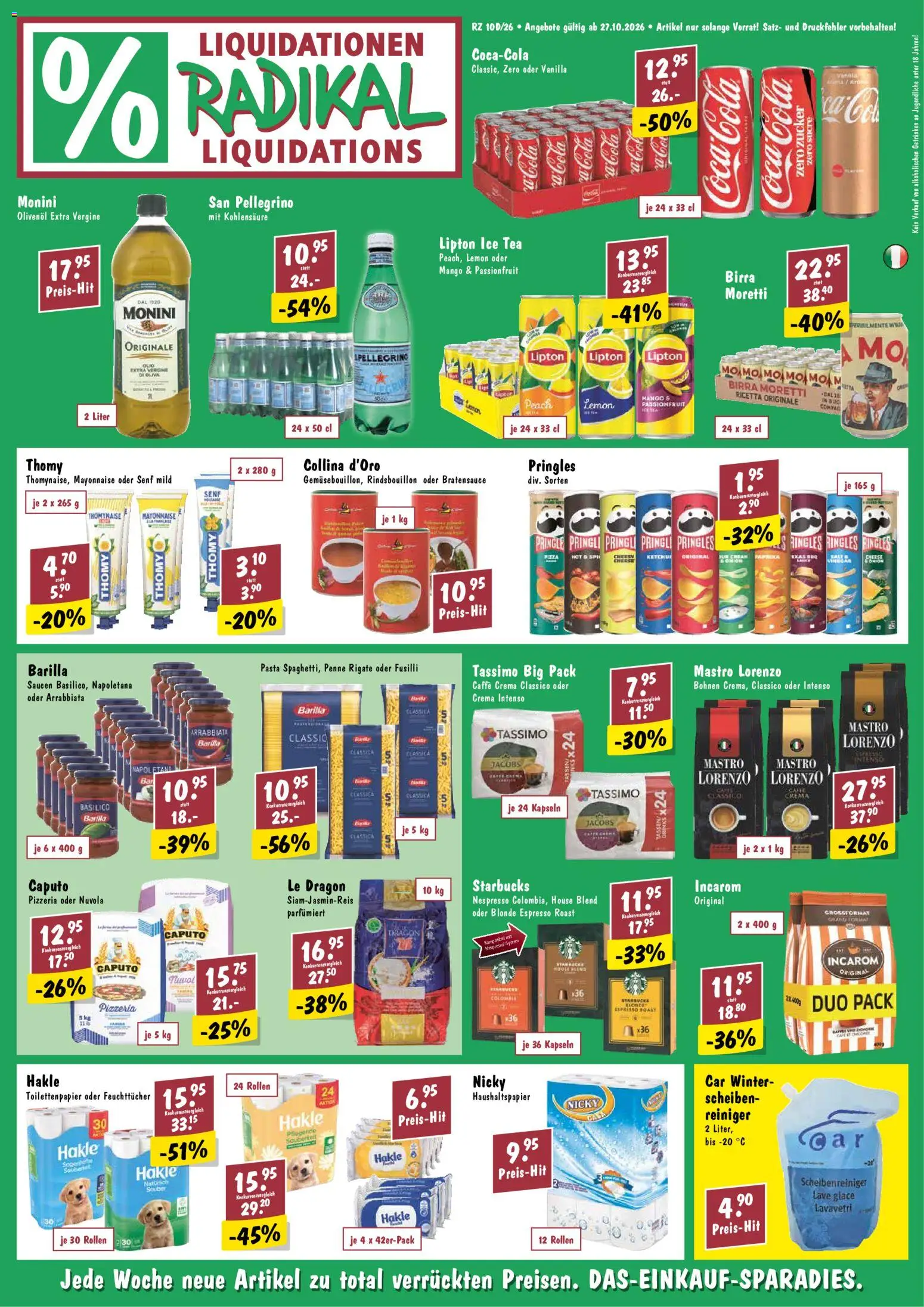 Vorschau des Merkblatts Radikal aktionen vom Shop Radikal gültig von 27.10.2026 bis - Pizza, Mango, Pasta, Glace, Coca Cola, Mayonnaise, Zucker, Toilettenpapier