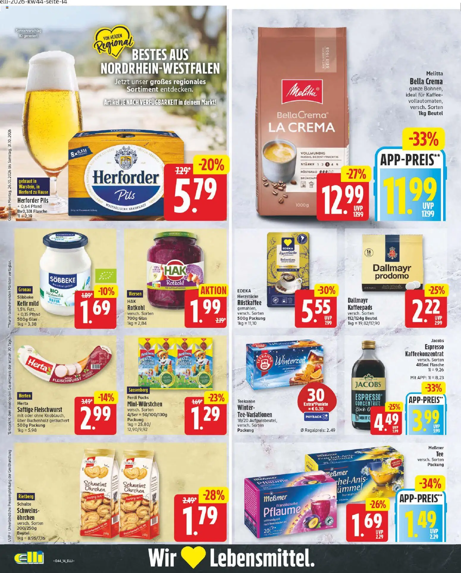 Vorschau von dem Prospekt des Geschäftes Elli Markt, gültig ab dem 26.10.2026 - Kaffee, Kefir, Teekanne, Rotkohl, Dallmayr, Salami, Kaffeepads, Pils